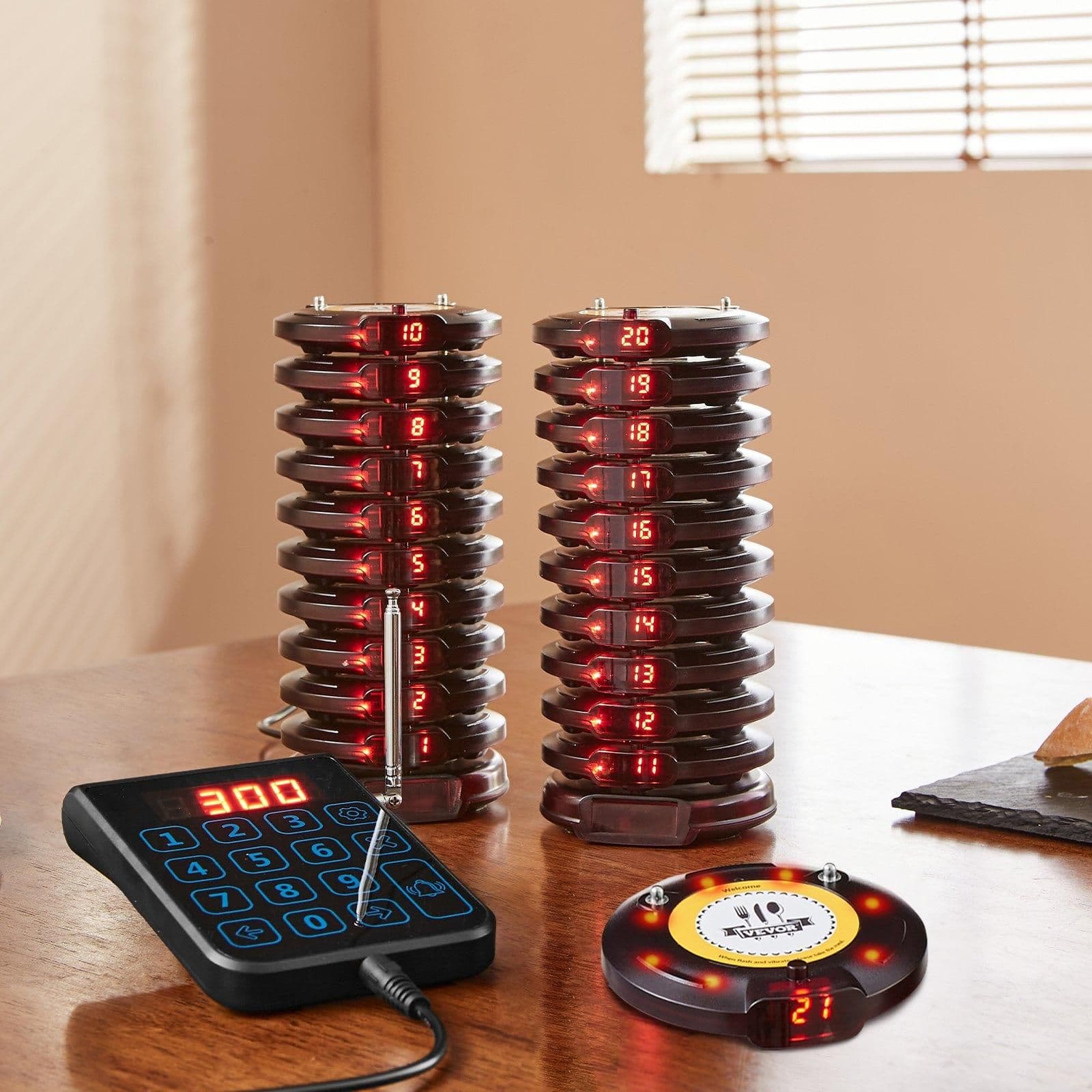 image-VEVOR Restaurant Pager System, Wireless 500m Long Range Lineup Waiting Queue Signal, Guest Customer Calling Beepers with Vibration & Flashing, 20 Buzzers for Food Truck, Church, Nursery, Hospital