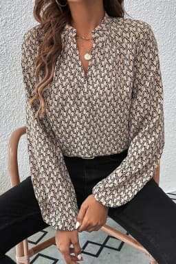 image-Geometric Print Notched Neck Puff Sleeve Blouse - Khaki