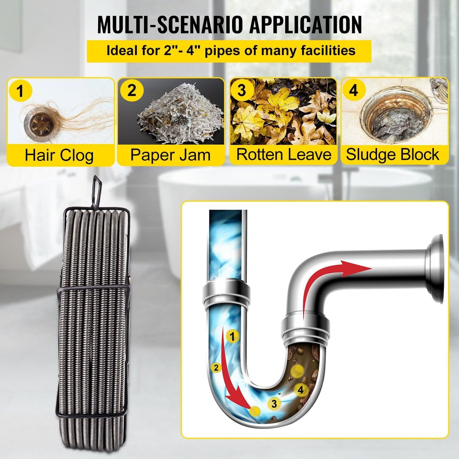 image-VEVOR Drain Cleaning Cable 100 Feet x 1/2 Inch Solid Core Cable Sewer Cable Drain Auger Cable Cleaner Snake Clog Pipe Drain Cleaning Cable Sewer Drain Auger Snake Pipe