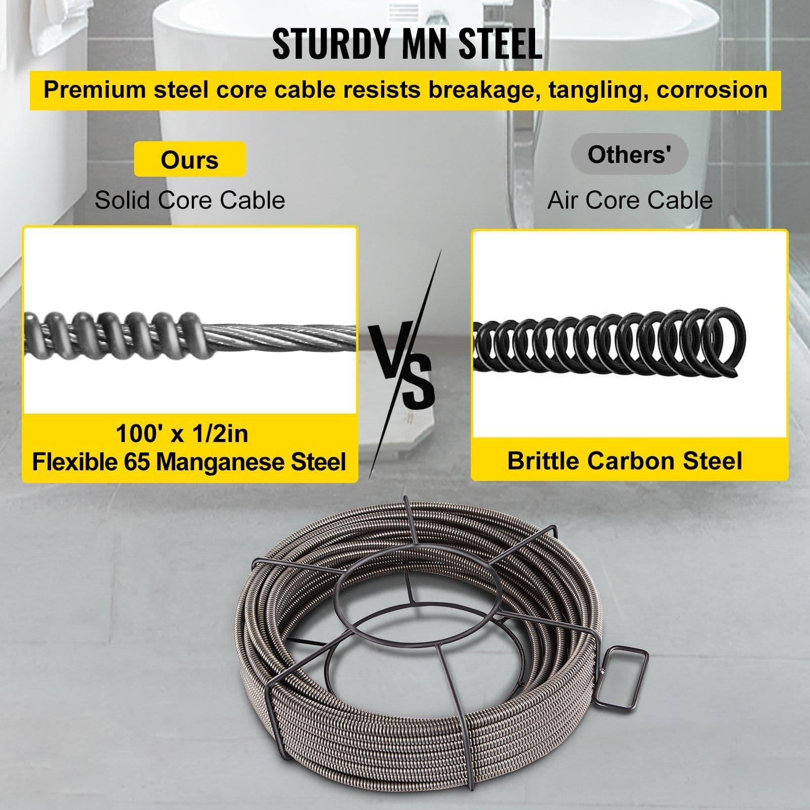 image-VEVOR Drain Cleaning Cable 100 Feet x 1/2 Inch Solid Core Cable Sewer Cable Drain Auger Cable Cleaner Snake Clog Pipe Drain Cleaning Cable Sewer Drain Auger Snake Pipe