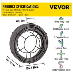 image-VEVOR Drain Cleaning Cable 100 Feet x 1/2 Inch Solid Core Cable Sewer Cable Drain Auger Cable Cleaner Snake Clog Pipe Drain Cleaning Cable Sewer Drain Auger Snake Pipe