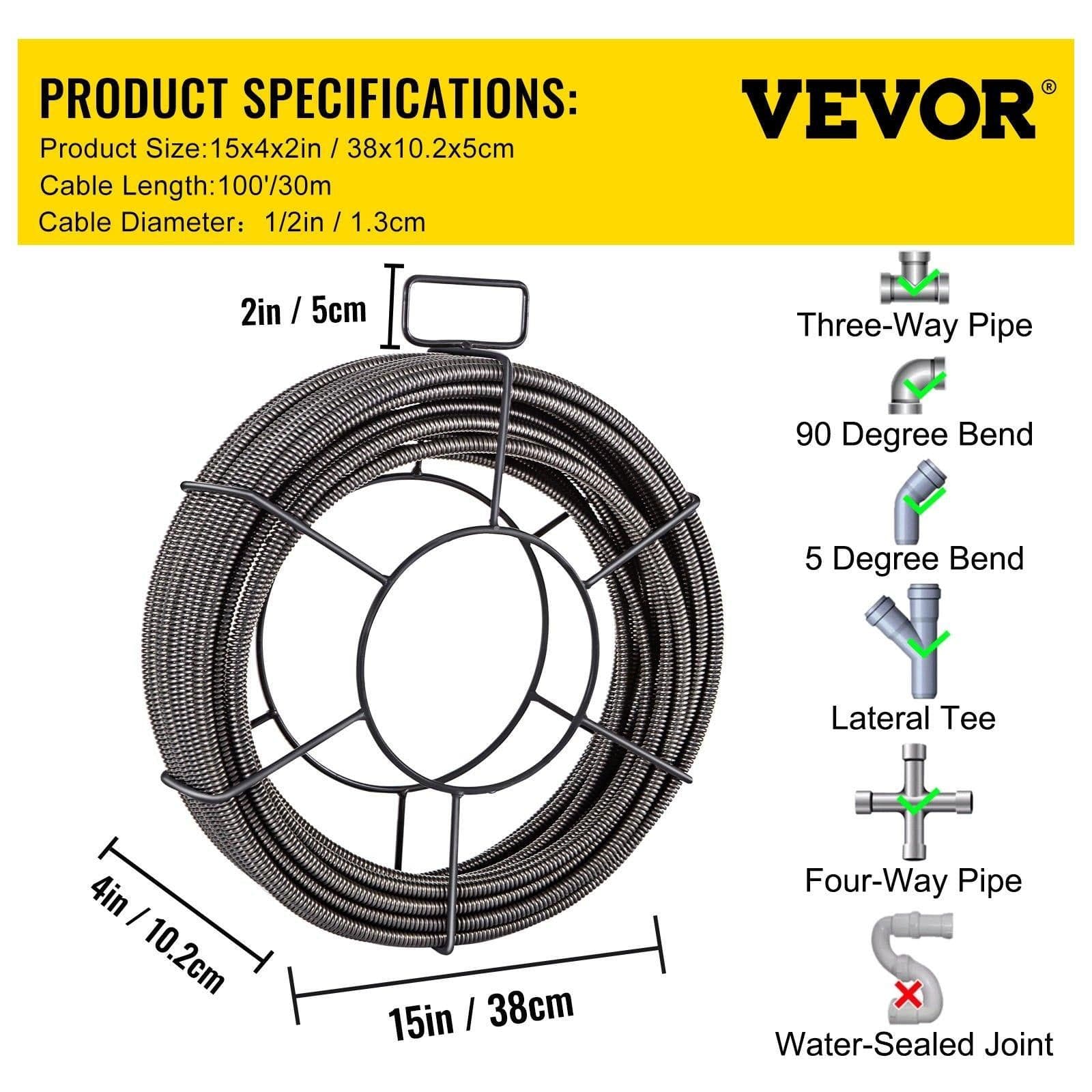 image-VEVOR Drain Cleaning Cable 100 Feet x 1/2 Inch Solid Core Cable Sewer Cable Drain Auger Cable Cleaner Snake Clog Pipe Drain Cleaning Cable Sewer Drain Auger Snake Pipe