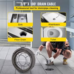 image-VEVOR Drain Cleaning Cable 100 FT x 3/8 Inch, Solid Core Steel Sewer Cable with 4 Cutter for 2" to 4" Pipes, Sewer Auger Cleaner Cable for Sink, Floor Drain, Toilet