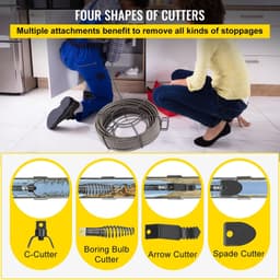 image-VEVOR Drain Cleaning Cable 100 FT x 3/8 Inch, Solid Core Steel Sewer Cable with 4 Cutter for 2" to 4" Pipes, Sewer Auger Cleaner Cable for Sink, Floor Drain, Toilet