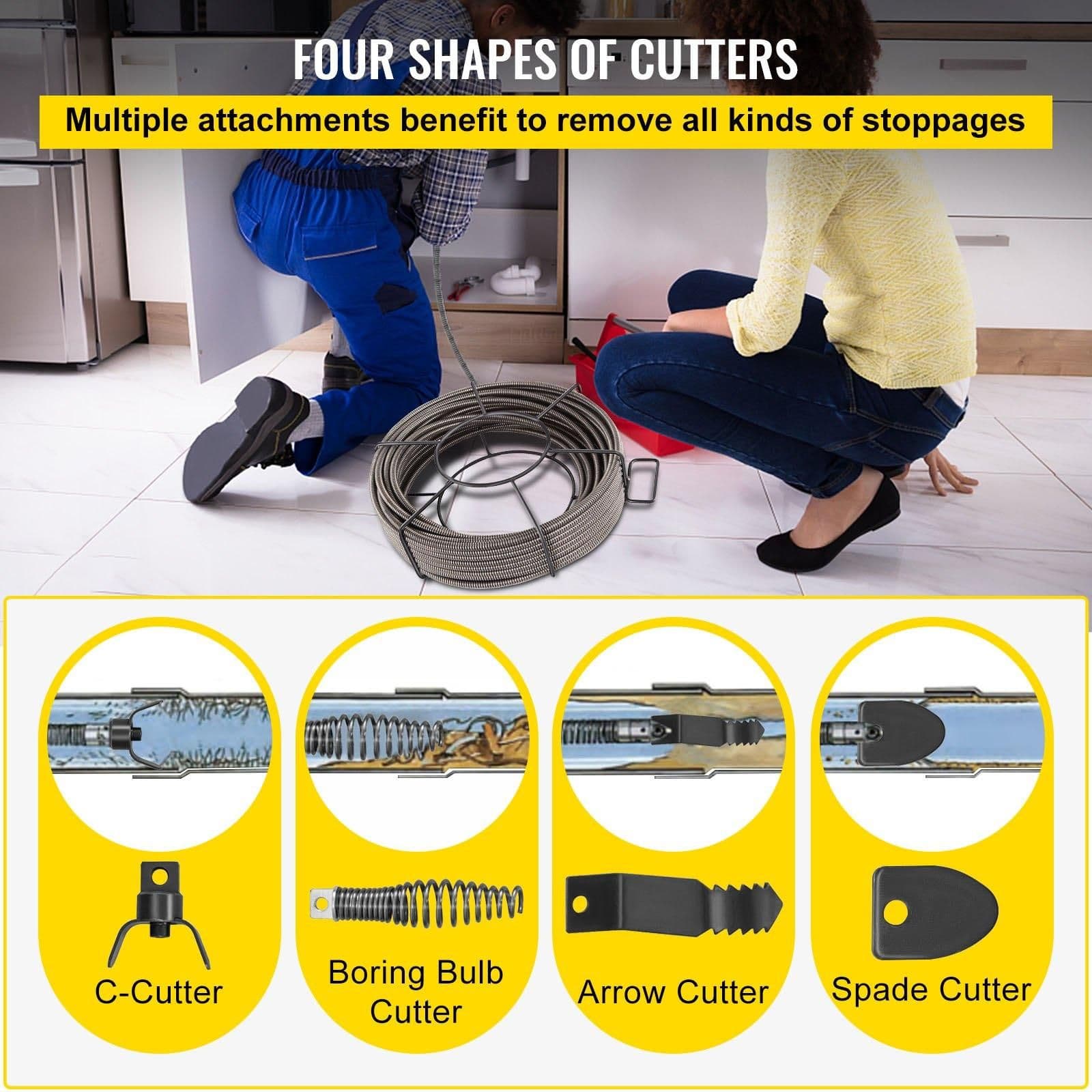 image-VEVOR Drain Cleaning Cable 100 FT x 3/8 Inch, Solid Core Steel Sewer Cable with 4 Cutter for 2" to 4" Pipes, Sewer Auger Cleaner Cable for Sink, Floor Drain, Toilet