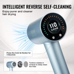 image-VEVOR High-Speed Hair Dryer with 105,000RPM Brushless Motor, 200 Million Negative Ions Hair Blow Dryer, 4 Temps & 3 Speeds, LCD Display Thermo-Control Hairdryer with Diffuser & Nozzle for Home Travel