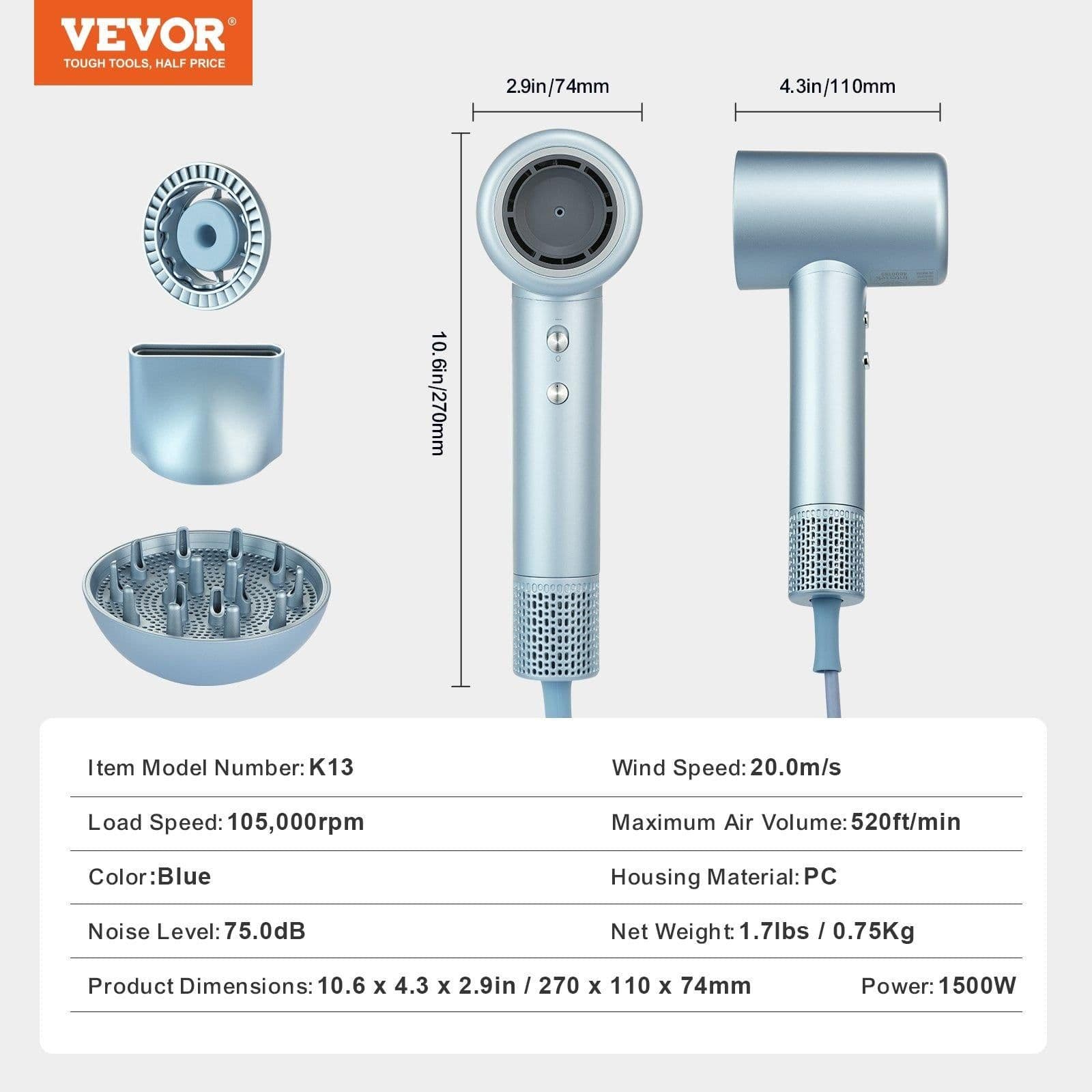image-VEVOR High-Speed Hair Dryer with 105,000RPM Brushless Motor, 200 Million Negative Ions Hair Blow Dryer, 4 Temps & 3 Speeds, LCD Display Thermo-Control Hairdryer with Diffuser & Nozzle for Home Travel
