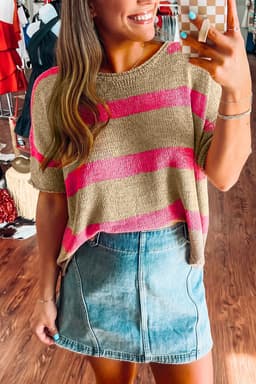 image-Pink Stripe Colorblock Short Sleeve Crew Neck Sweater