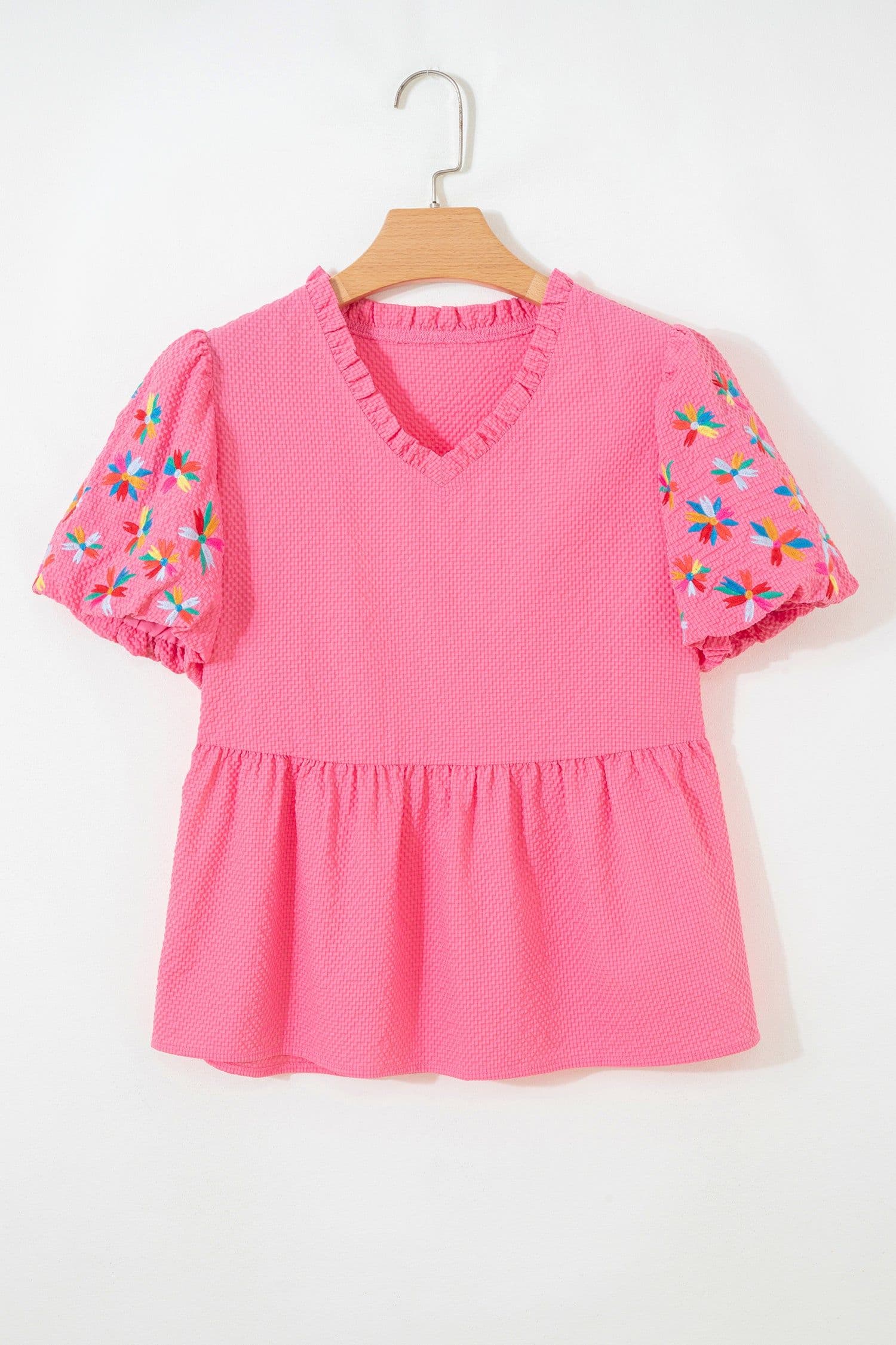 image-Sachet Pink Blouse Flower Embroidered Frilled V Neck