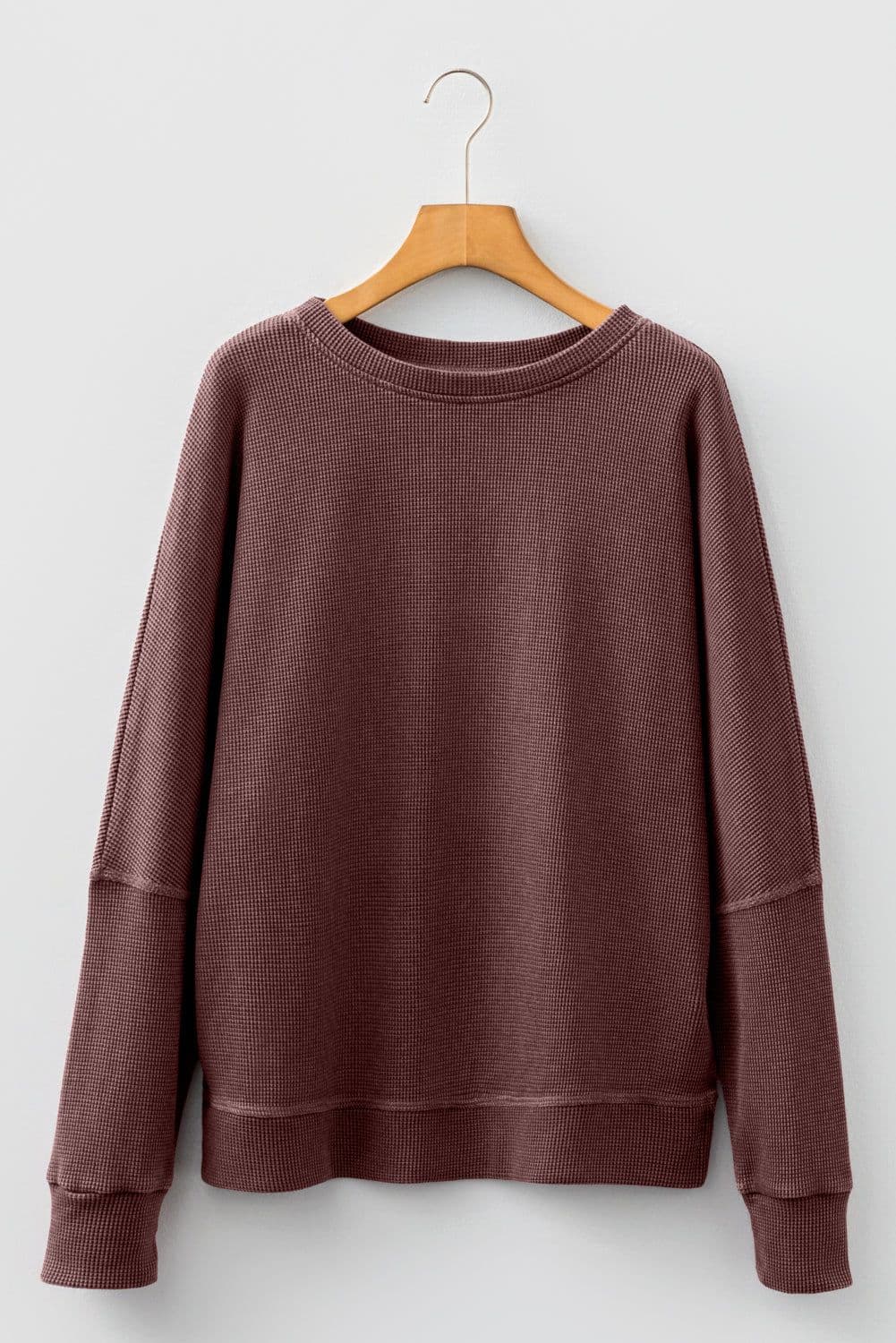 image-Bright Pink Waffle Knit Patchwork Long Sleeve Top