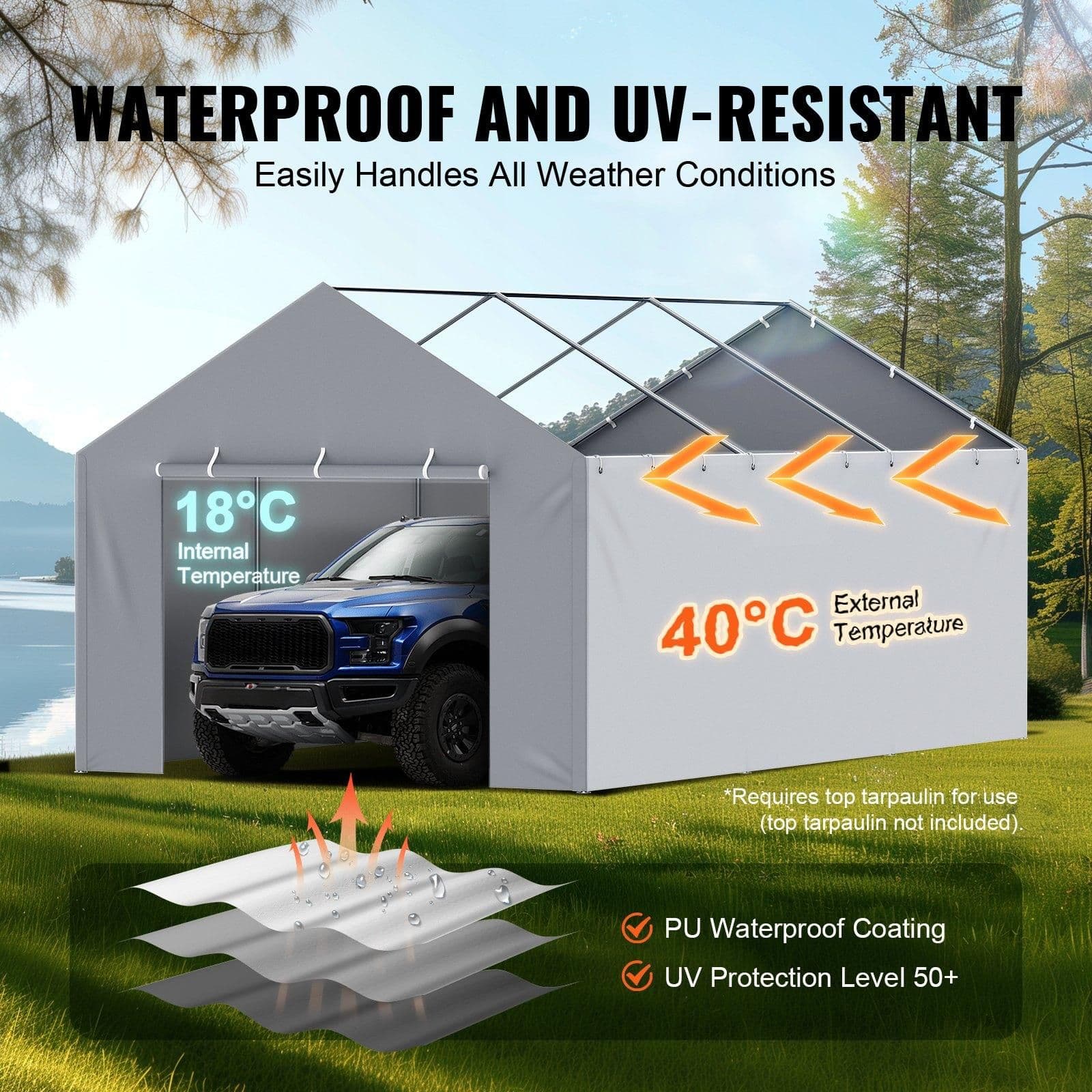 image-VEVOR Carport Replacement Canopy Cover Side Wall 12 x 20 ft, Garage Tent Shelter Tarp Heavy-Duty Waterproof & UV Protected, Easy Installation with Ball Bungees,Grey (Top and Frame Not Included)