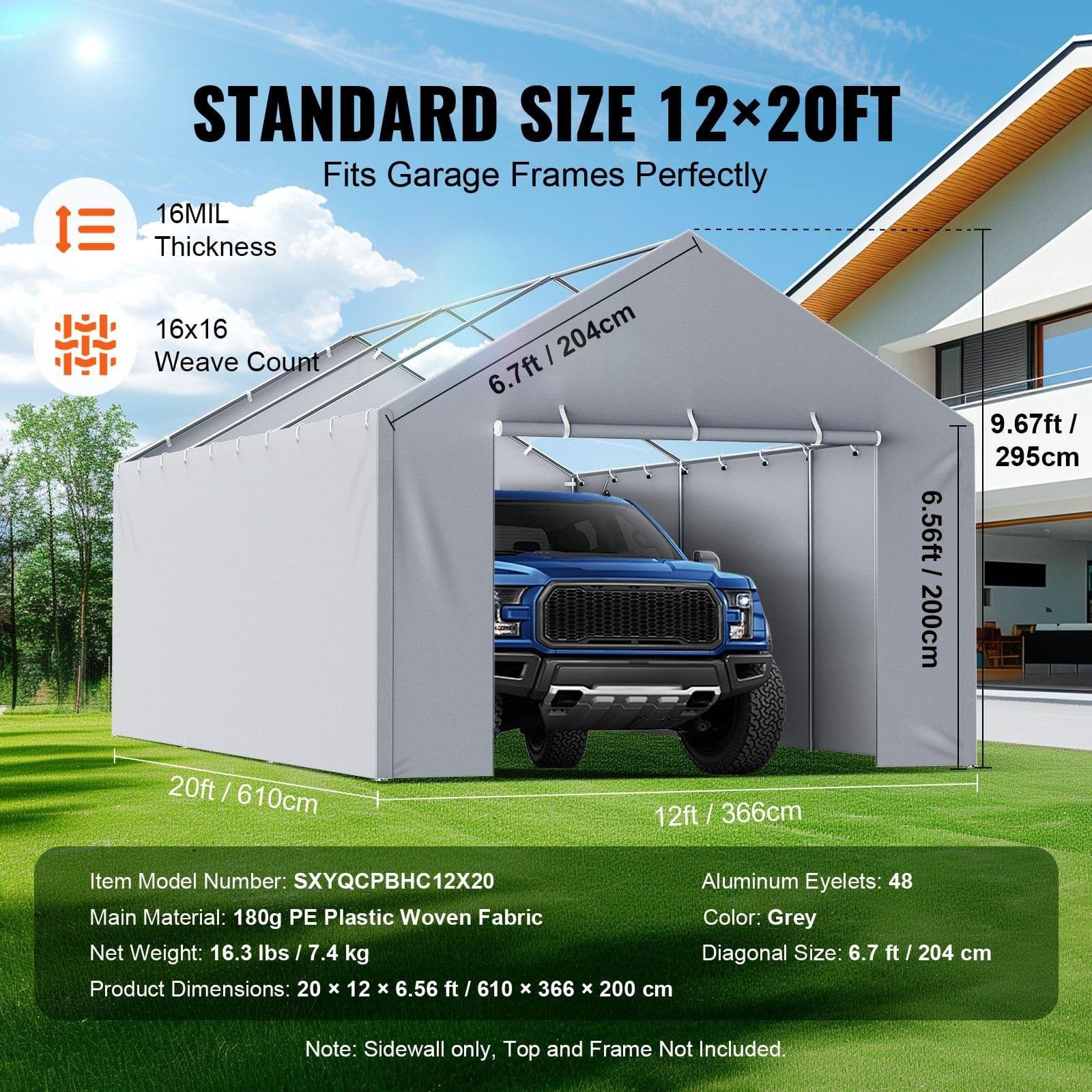 image-VEVOR Carport Replacement Canopy Cover Side Wall 12 x 20 ft, Garage Tent Shelter Tarp Heavy-Duty Waterproof & UV Protected, Easy Installation with Ball Bungees,Grey (Top and Frame Not Included)