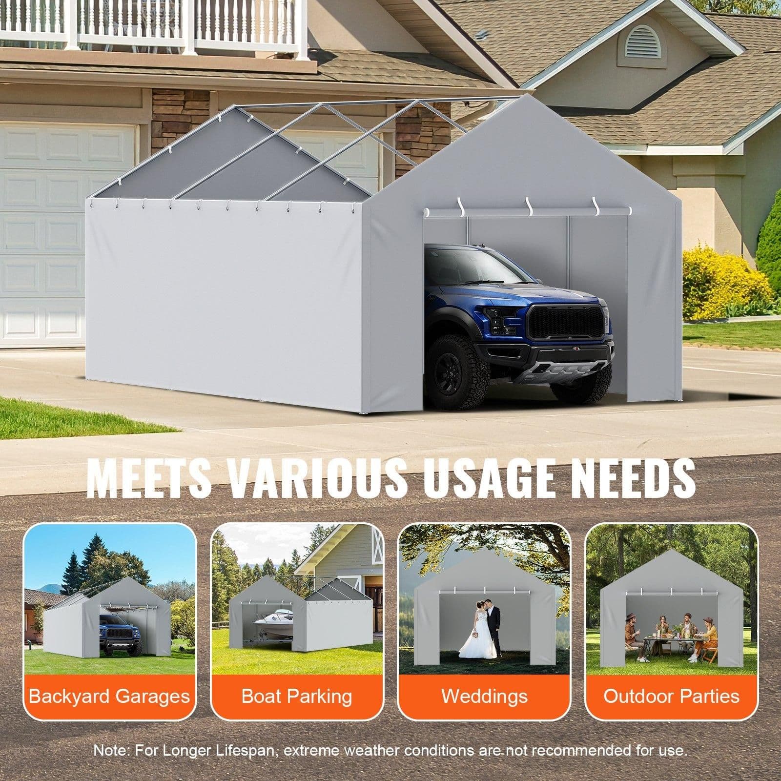 image-VEVOR Carport Replacement Canopy Cover Side Wall 12 x 20 ft, Garage Tent Shelter Tarp Heavy-Duty Waterproof & UV Protected, Easy Installation with Ball Bungees,Grey (Top and Frame Not Included)