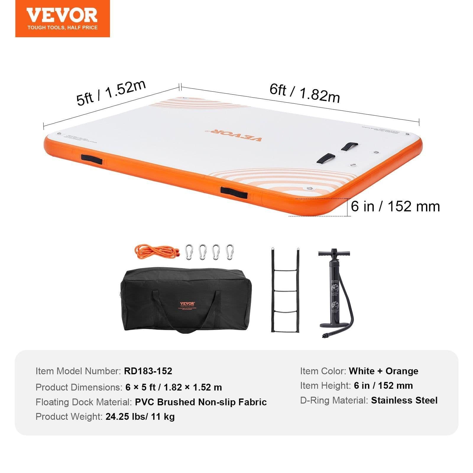 image-VEVOR Inflatable Floating Dock, 6 x 5FT Inflatable Dock Platform, Non-Slip Water Floating Dock Mat with Portable Carrying Bag & Detachable Ladder, Floating Platform Island Raft for Pool Beach Ocean
