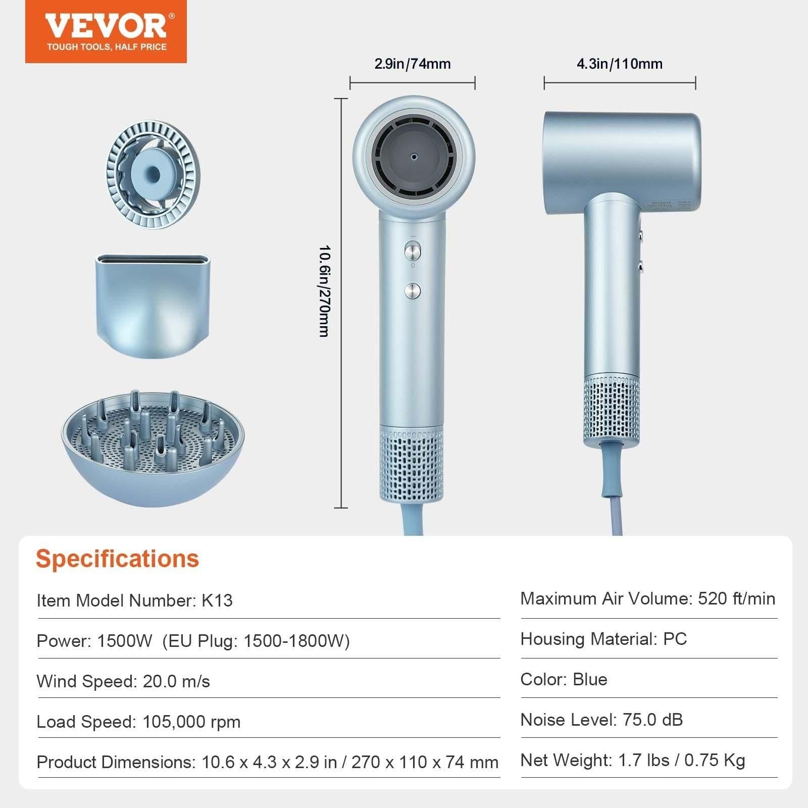 image-VEVOR High-Speed Hair Dryer with 105,000RPM Brushless Motor, 200 Million Negative Ions Hair Blow Dryer, 4 Temps & 3 Speeds, LCD Display Thermo-Control Hairdryer with Diffuser & Nozzle for Home Travel