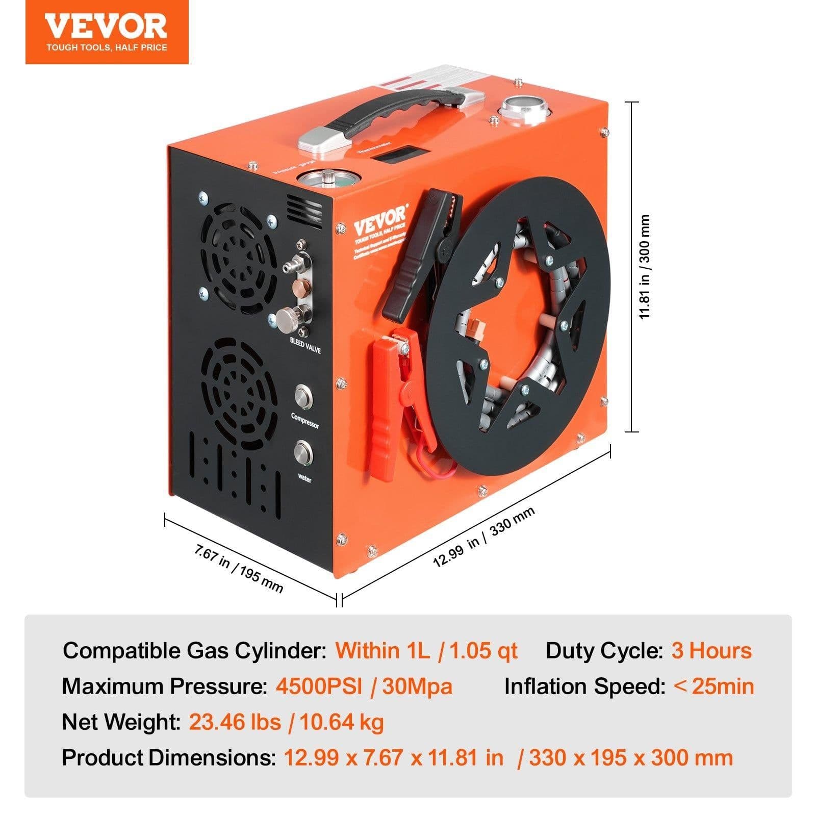 image-VEVOR PCP Air Compressor, 4500PSI/30Mpa Portable PCP Airgun Compressor - Built-in Water and Fan Cooling System, Auto-Stop | DC12V/AC120V Paintball Tank Compressor for Air Rifle, Scuba Diving Bottle