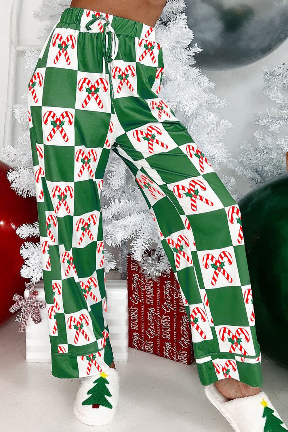 image-Green Holly Jolly Checkered Pattern 2pcs Long Pajama Set