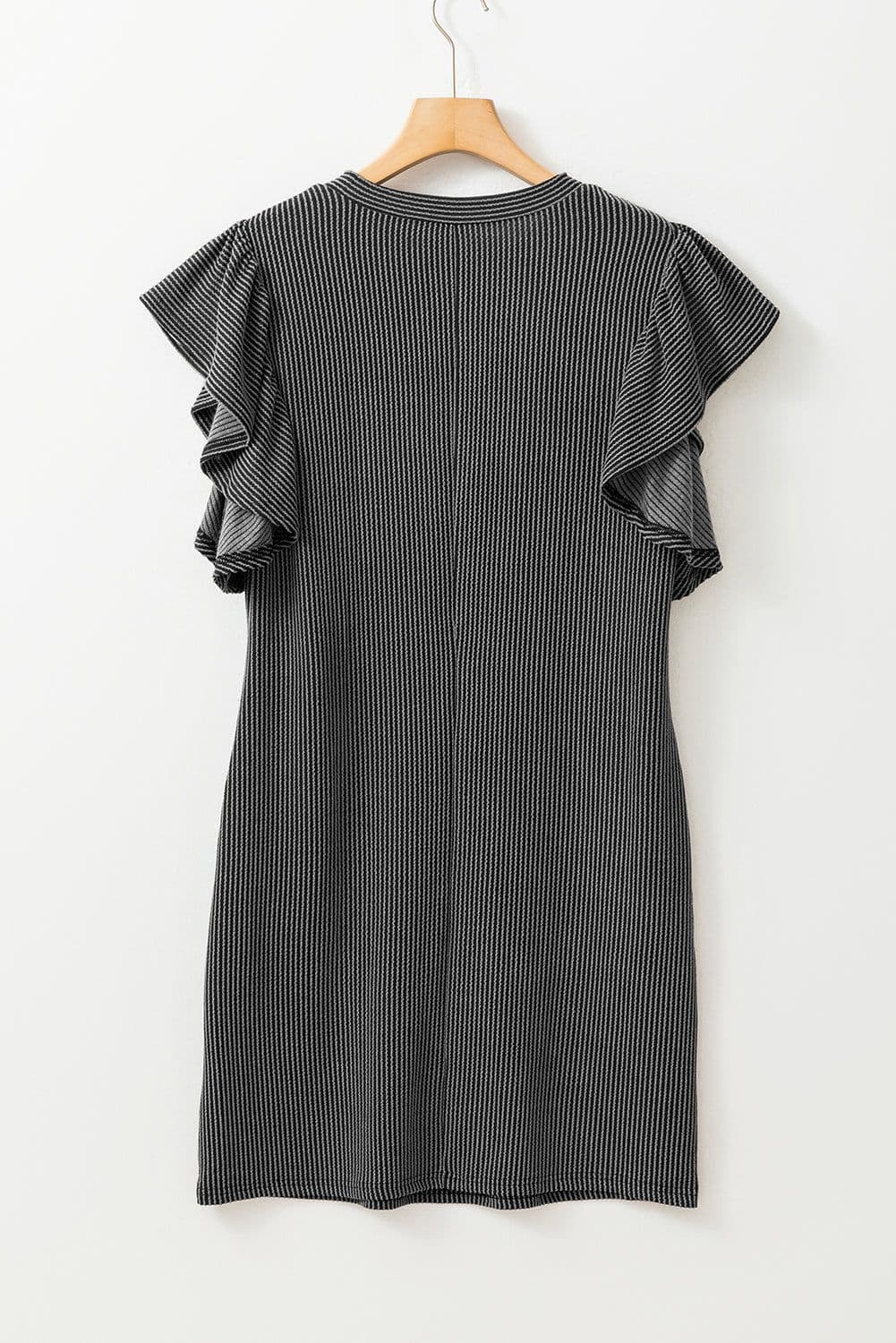image-Black Textured Ruffled Flutter Sleeve Mini Dress