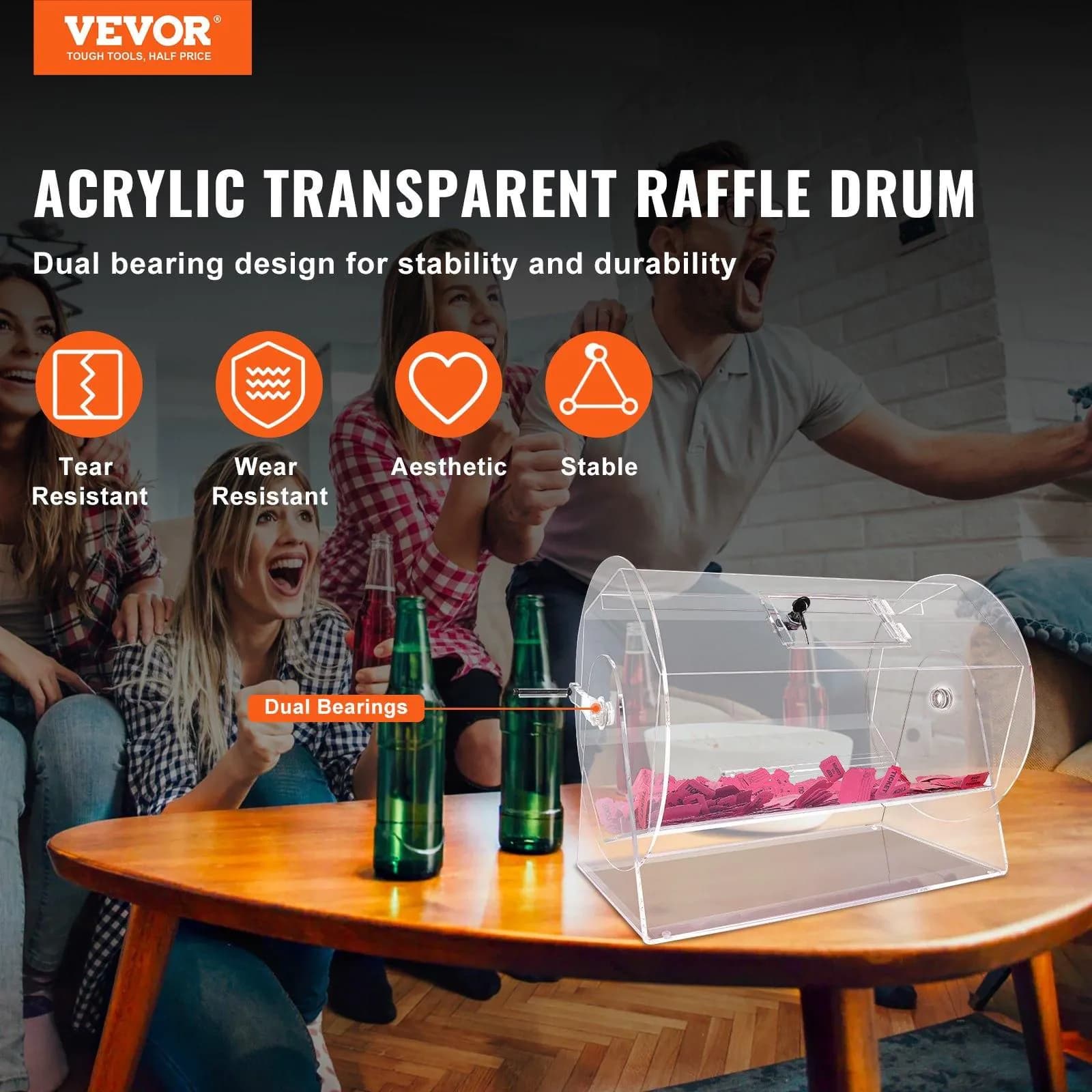 image-VEVOR Acrylic Raffle Drum,Professional Raffle Ticket Spinning Cage with 2 Keys, Transparent Lottery Spinning Drawing, Holds 10000 Tickets or 300 Raffle Balls, Raffle Ticket Box for Lottery Games Bing