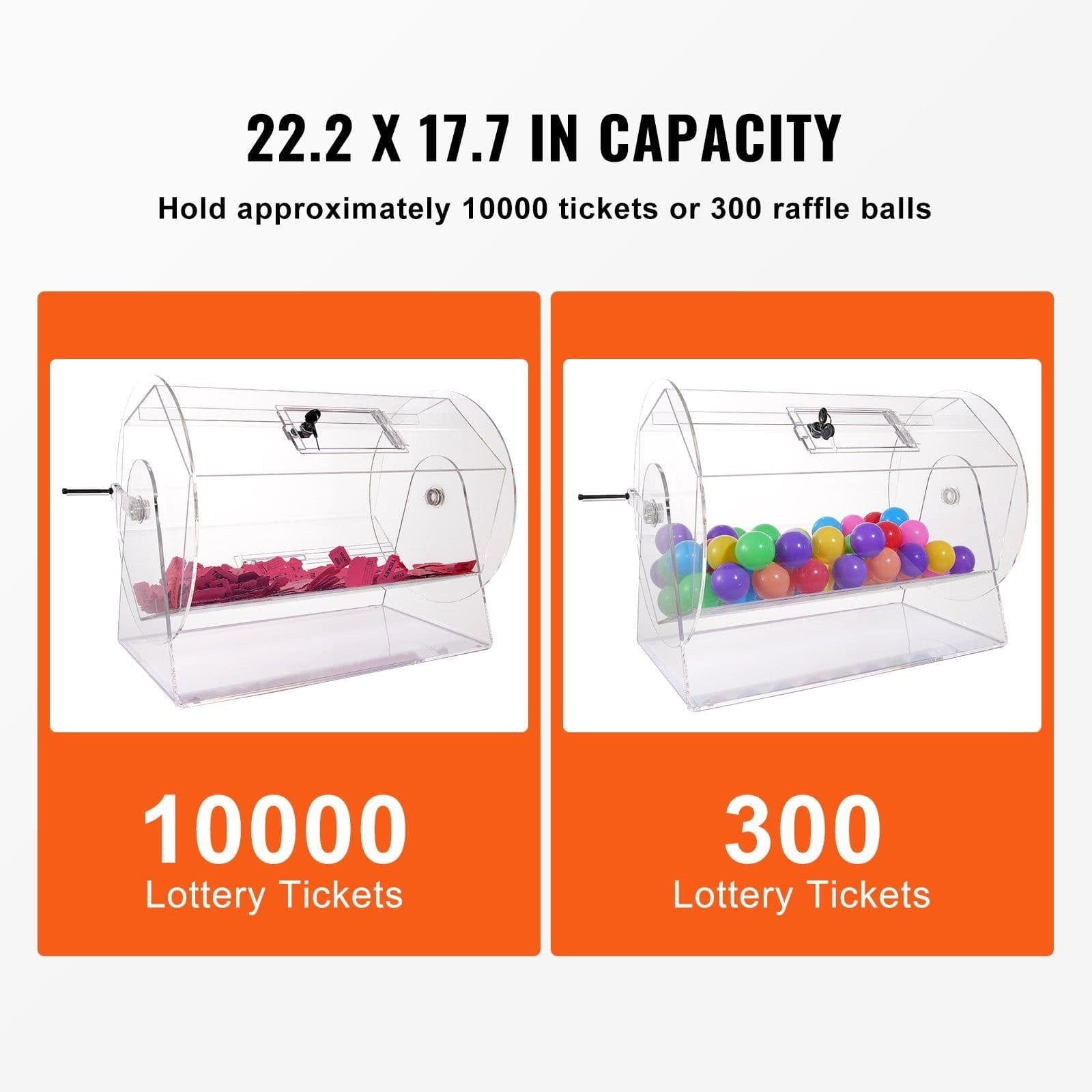 image-VEVOR Acrylic Raffle Drum,Professional Raffle Ticket Spinning Cage with 2 Keys, Transparent Lottery Spinning Drawing, Holds 10000 Tickets or 300 Raffle Balls, Raffle Ticket Box for Lottery Games Bing