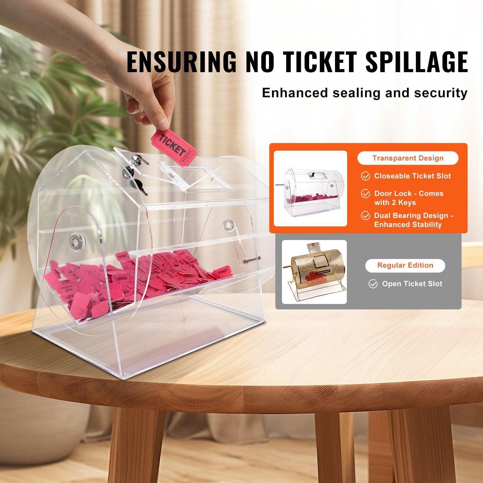 image-VEVOR Acrylic Raffle Drum,Professional Raffle Ticket Spinning Cage with 2 Keys, Transparent Lottery Spinning Drawing, Holds 10000 Tickets or 300 Raffle Balls, Raffle Ticket Box for Lottery Games Bing