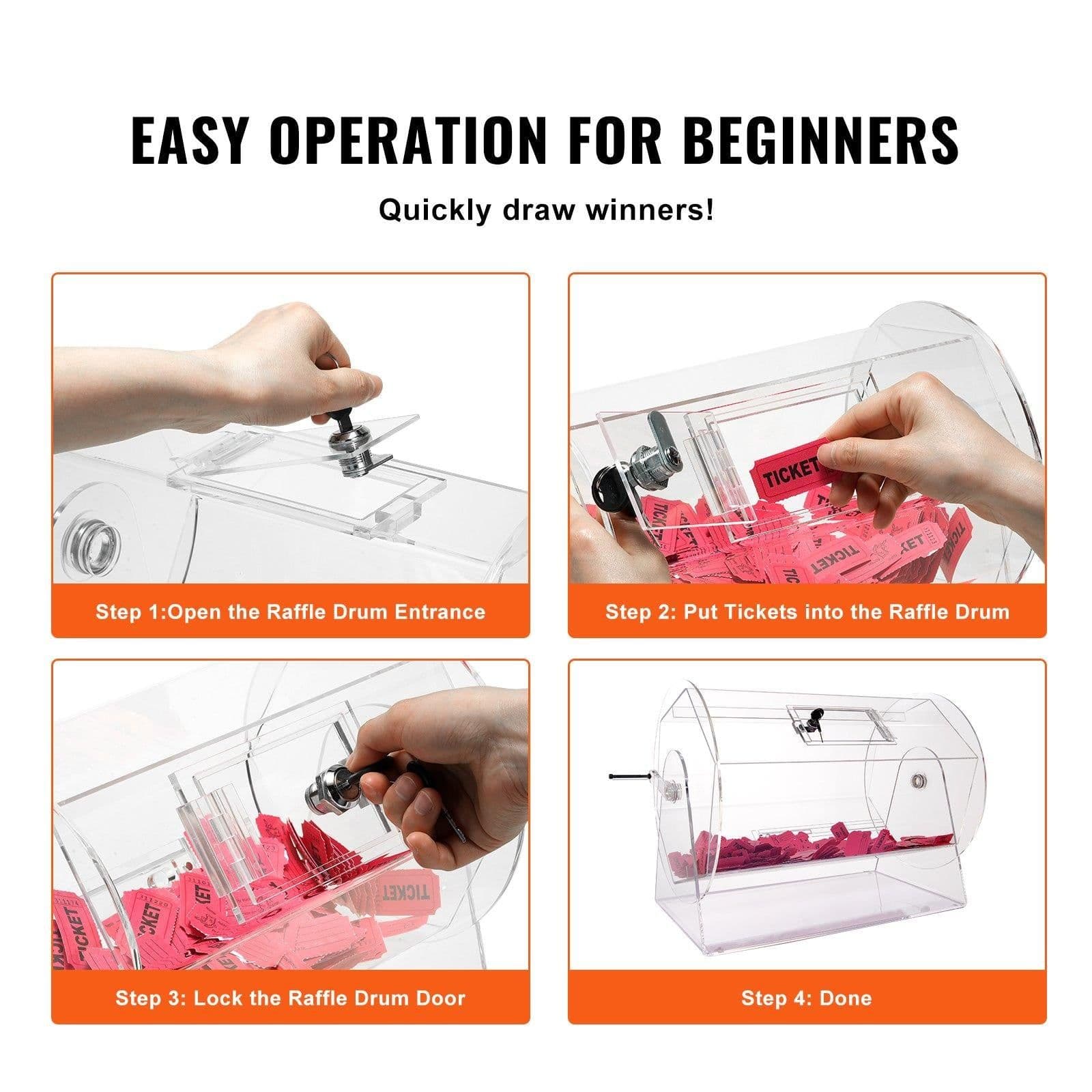image-VEVOR Acrylic Raffle Drum,Professional Raffle Ticket Spinning Cage with 2 Keys, Transparent Lottery Spinning Drawing, Holds 10000 Tickets or 300 Raffle Balls, Raffle Ticket Box for Lottery Games Bing