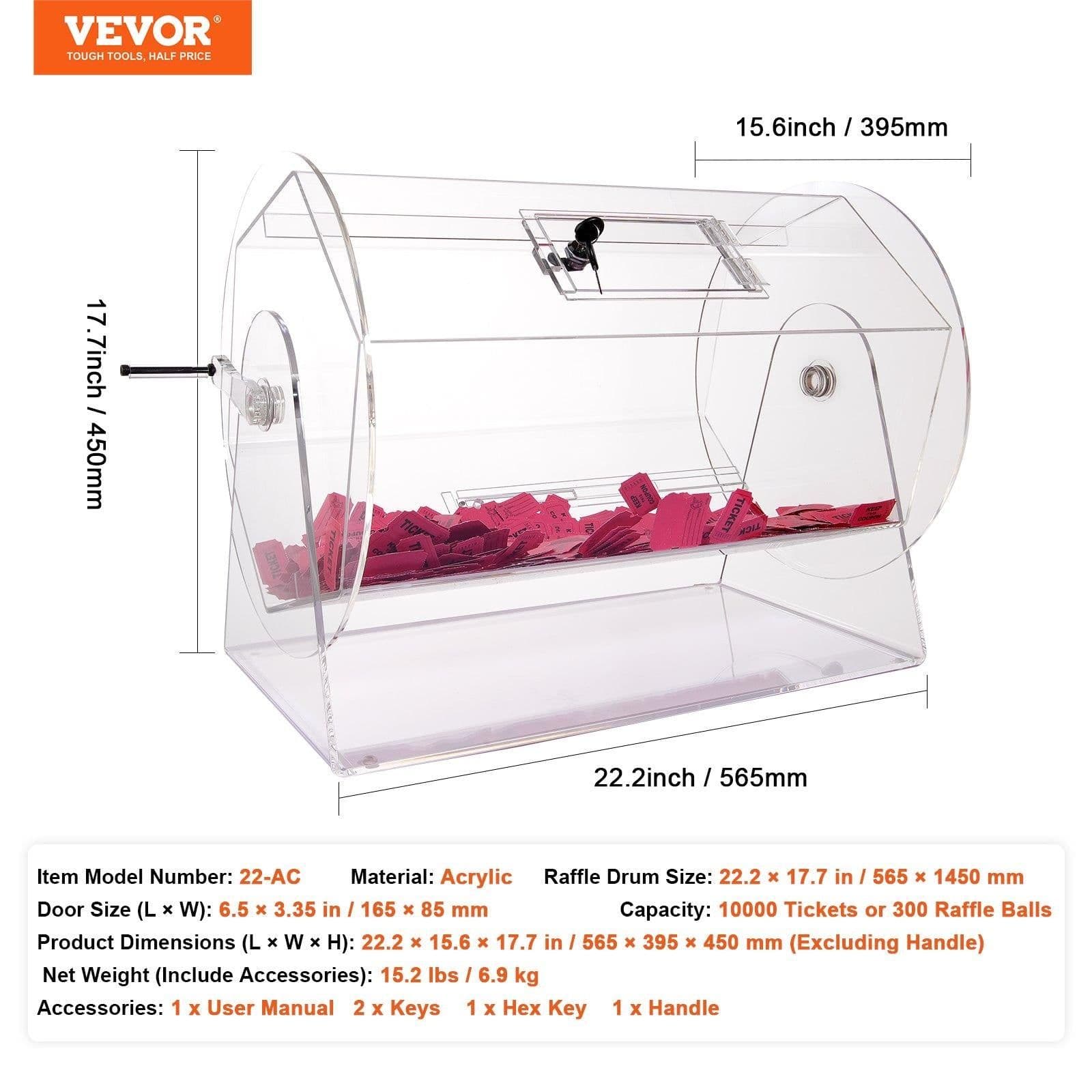 image-VEVOR Acrylic Raffle Drum,Professional Raffle Ticket Spinning Cage with 2 Keys, Transparent Lottery Spinning Drawing, Holds 10000 Tickets or 300 Raffle Balls, Raffle Ticket Box for Lottery Games Bing