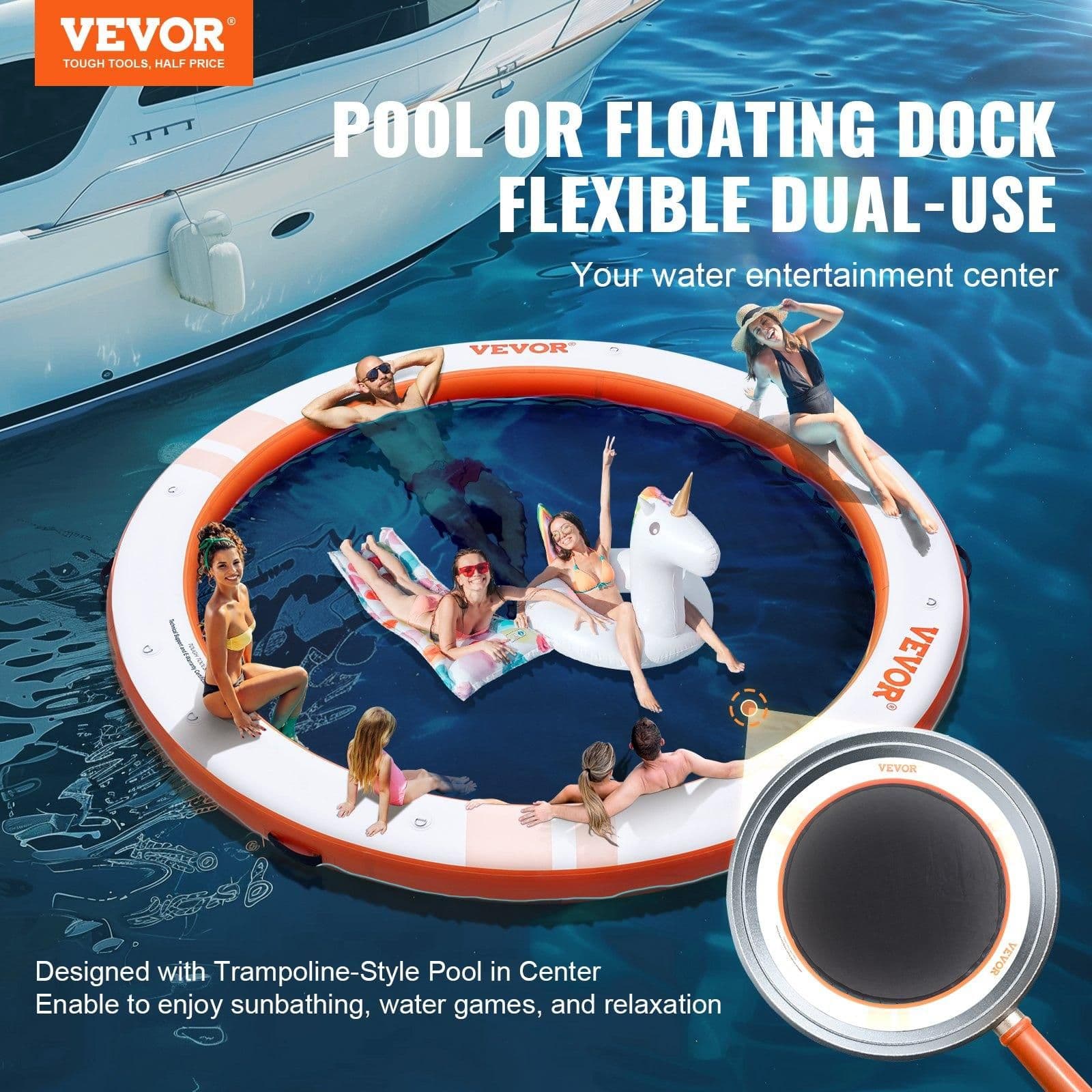 image-VEVOR Inflatable Floating Dock, ø8FT Inflatable Dock Platform with ø5FT Trampoline Mesh Pool, Non-Slip Floating Platform Water Mat with Portable Bag & Detachable Ladder for Pool Beach Relaxation