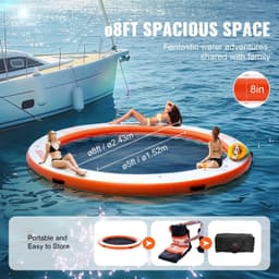 image-VEVOR Inflatable Floating Dock, ø8FT Inflatable Dock Platform with ø5FT Trampoline Mesh Pool, Non-Slip Floating Platform Water Mat with Portable Bag & Detachable Ladder for Pool Beach Relaxation