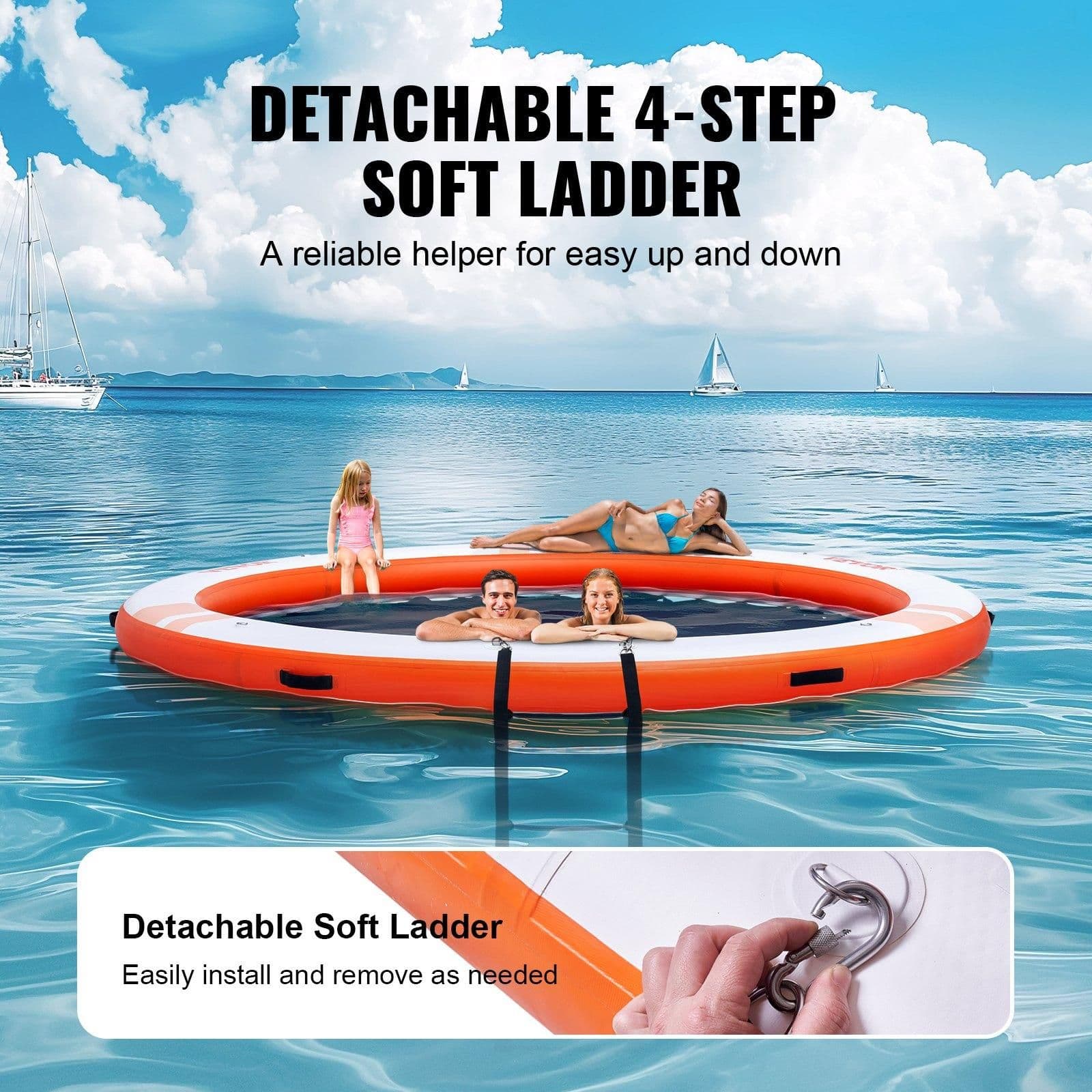 image-VEVOR Inflatable Floating Dock, ø8FT Inflatable Dock Platform with ø5FT Trampoline Mesh Pool, Non-Slip Floating Platform Water Mat with Portable Bag & Detachable Ladder for Pool Beach Relaxation