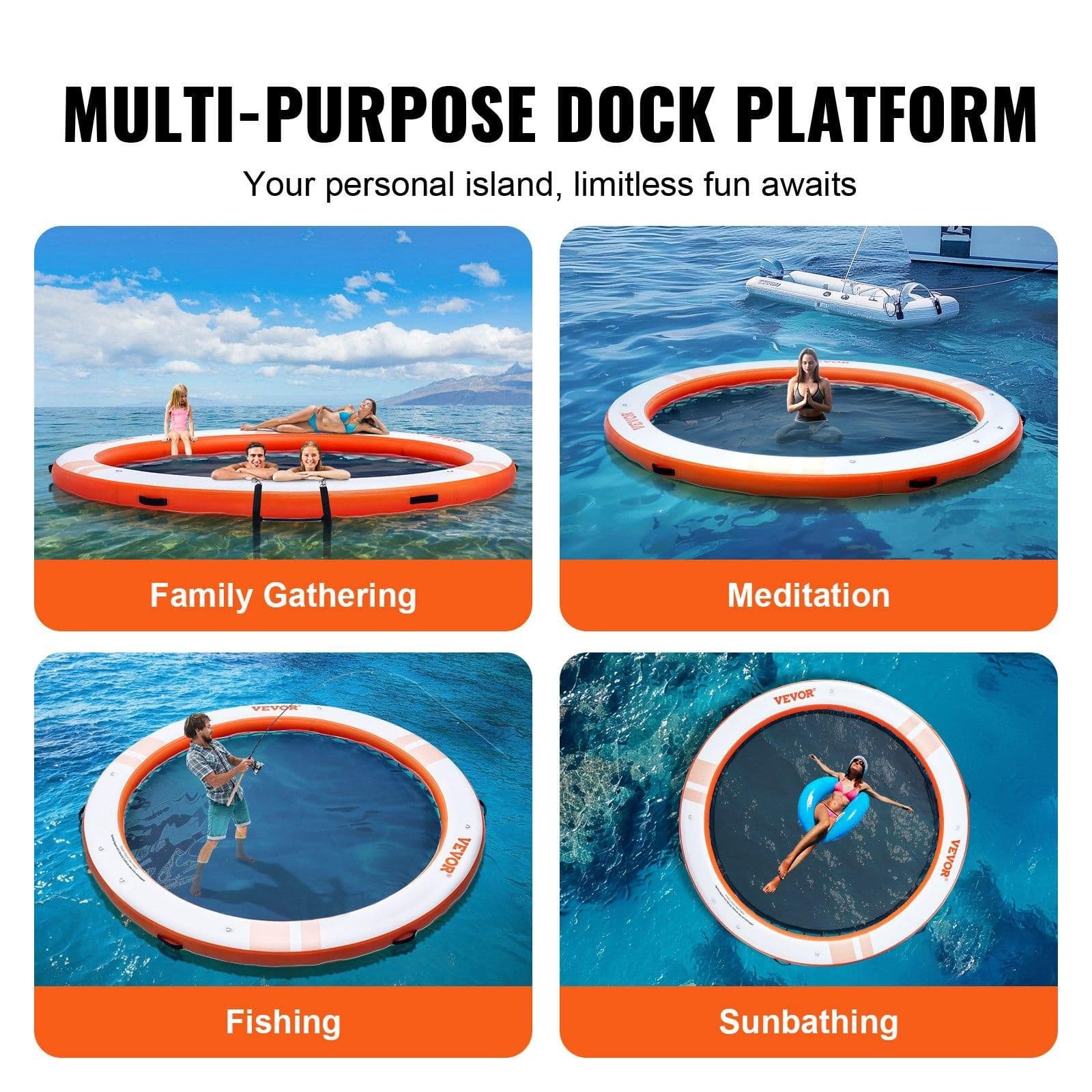 image-VEVOR Inflatable Floating Dock, ø8FT Inflatable Dock Platform with ø5FT Trampoline Mesh Pool, Non-Slip Floating Platform Water Mat with Portable Bag & Detachable Ladder for Pool Beach Relaxation