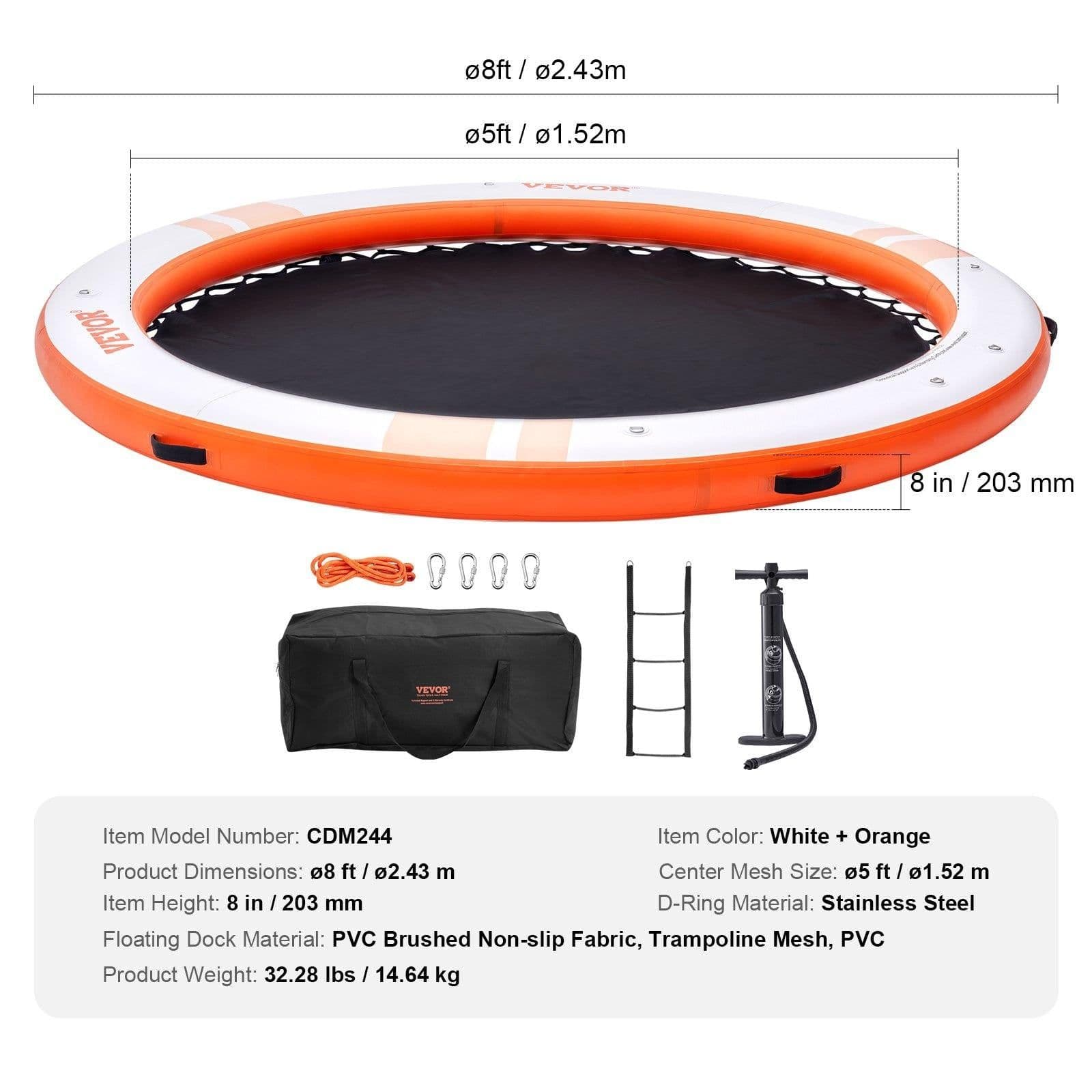 image-VEVOR Inflatable Floating Dock, ø8FT Inflatable Dock Platform with ø5FT Trampoline Mesh Pool, Non-Slip Floating Platform Water Mat with Portable Bag & Detachable Ladder for Pool Beach Relaxation