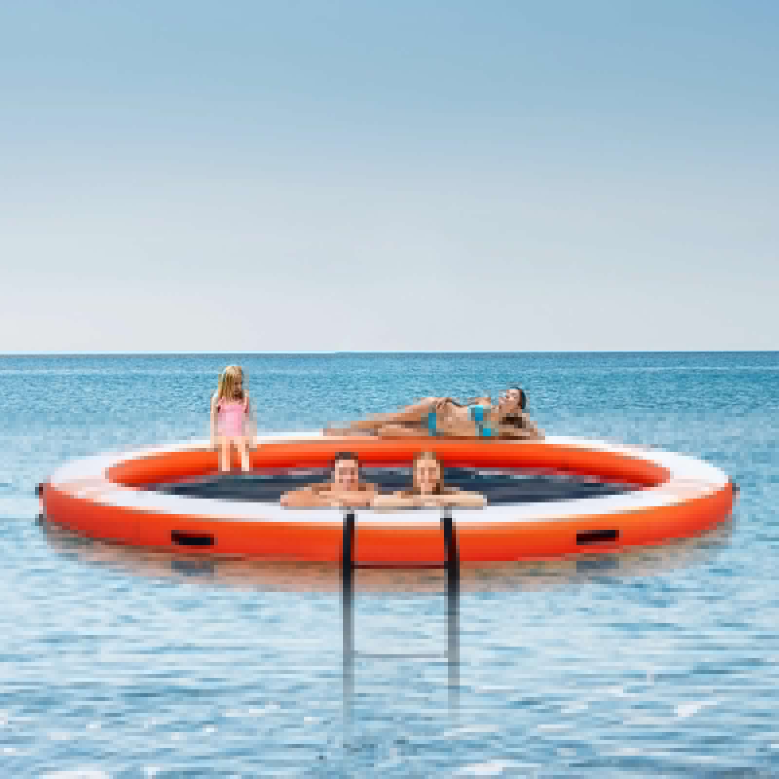 image-VEVOR Inflatable Floating Dock, ø8FT Inflatable Dock Platform with ø5FT Trampoline Mesh Pool, Non-Slip Floating Platform Water Mat with Portable Bag & Detachable Ladder for Pool Beach Relaxation