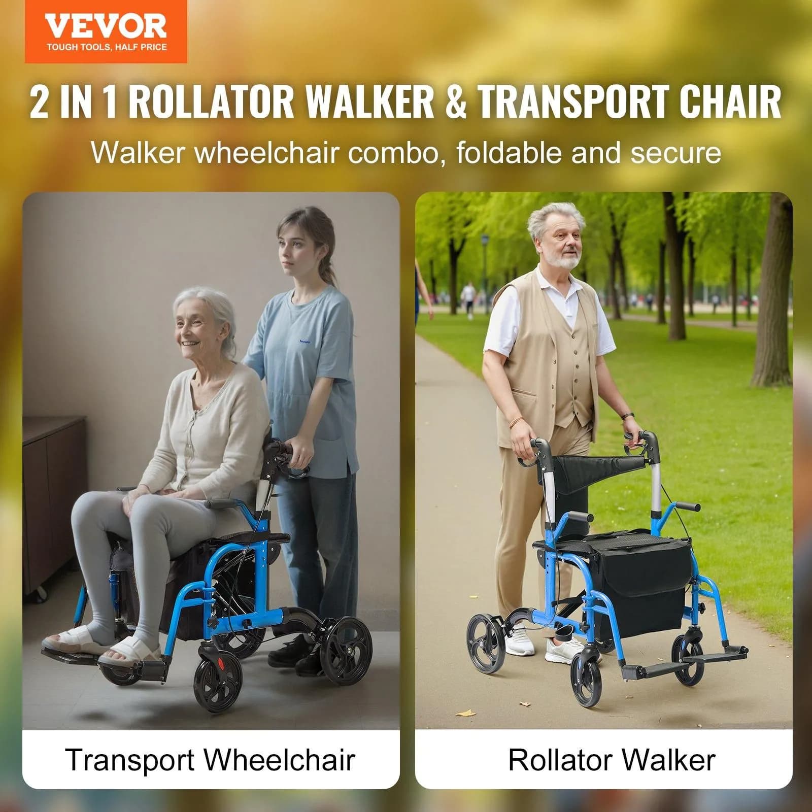 image-VEVOR 2 in 1 Rollator Walker & Transport Chair for Seniors, Folding Rolling Walker Wheelchair Combo & Footrests, Lightweight Aluminum Mobility Walker with Adjustable Handle, All Terrain Wheels, 300LBS