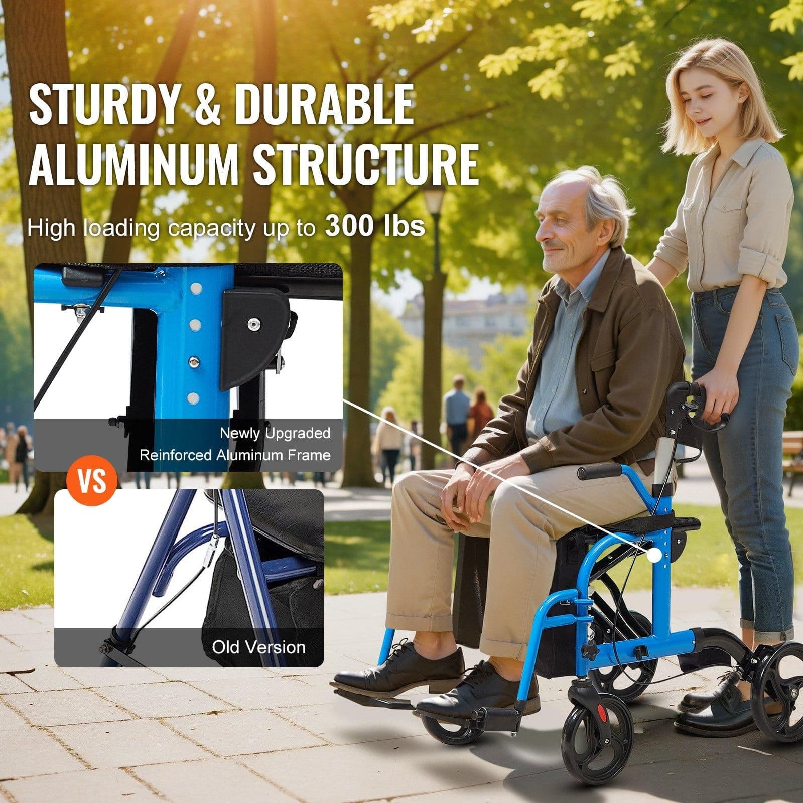 image-VEVOR 2 in 1 Rollator Walker & Transport Chair for Seniors, Folding Rolling Walker Wheelchair Combo & Footrests, Lightweight Aluminum Mobility Walker with Adjustable Handle, All Terrain Wheels, 300LBS
