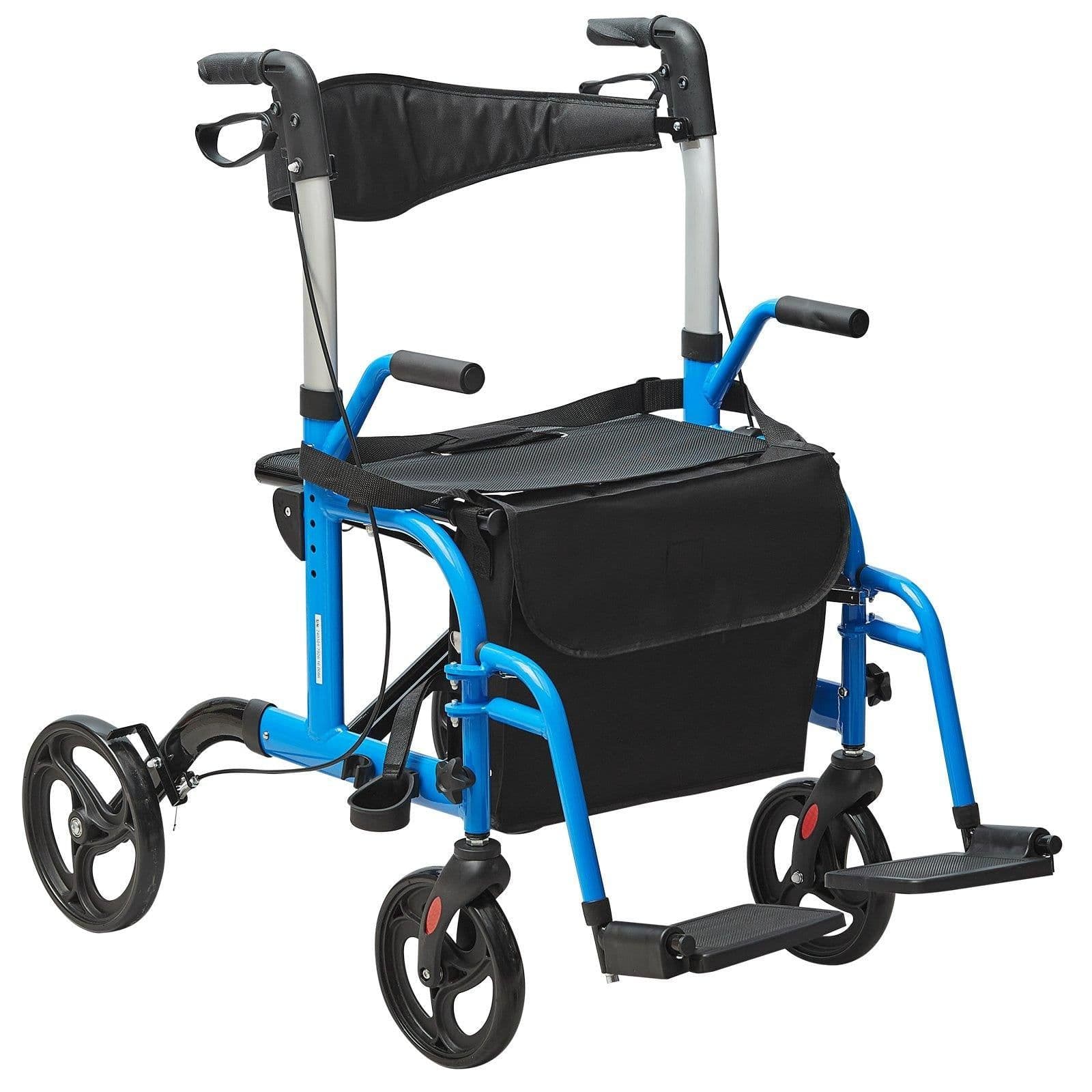 image-VEVOR 2 in 1 Rollator Walker & Transport Chair for Seniors, Folding Rolling Walker Wheelchair Combo & Footrests, Lightweight Aluminum Mobility Walker with Adjustable Handle, All Terrain Wheels, 300LBS