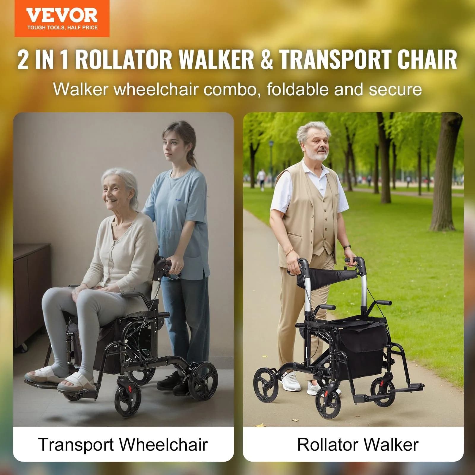 image-VEVOR 2 in 1 Rollator Walker & Transport Chair for Seniors, Folding Rolling Walker Wheelchair Combo & Footrests, Lightweight Aluminum Mobility Walker with Adjustable Handle, All Terrain Wheels, 300LBS