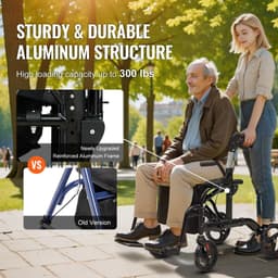 image-VEVOR 2 in 1 Rollator Walker & Transport Chair for Seniors, Folding Rolling Walker Wheelchair Combo & Footrests, Lightweight Aluminum Mobility Walker with Adjustable Handle, All Terrain Wheels, 300LBS