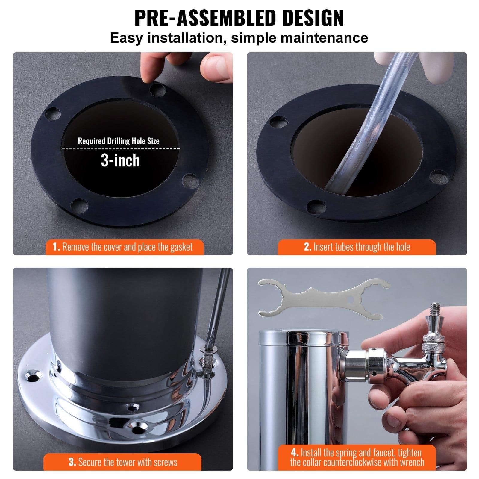 image-VEVOR Dual Taps Draft Beer Tower Dispenser, Stainless Steel Keg Beer Tower, Kegerator Tower Kit with Pre-Assembled Tubing and Self-Closing Faucet Shanks for Party, Bar, Pub, Restaurant