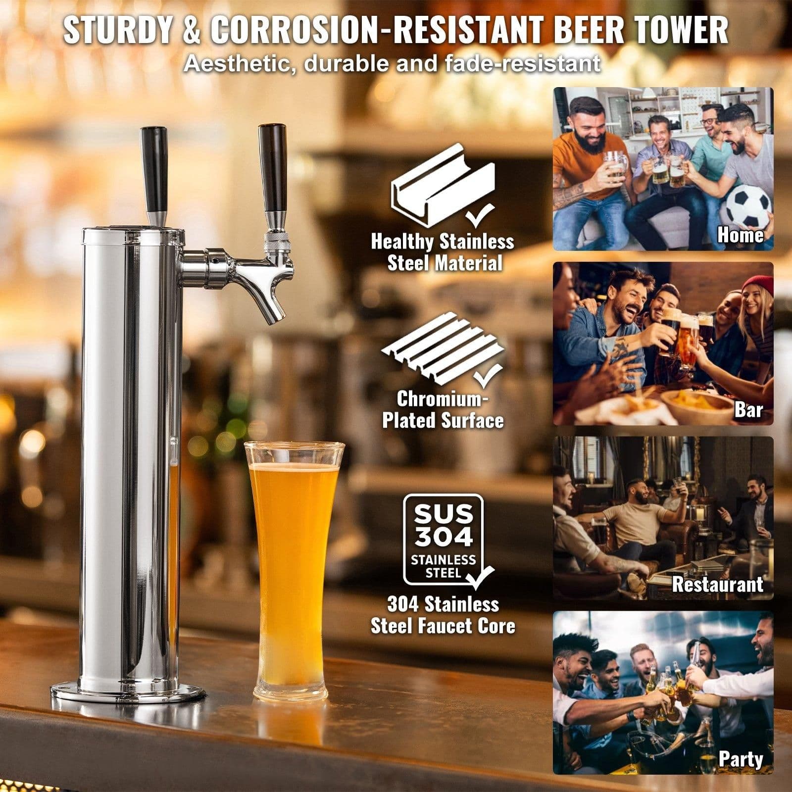image-VEVOR Kegerator Tower Kit, Dual Taps Beer Conversion Kit, Stainless Steel Keg Beer Tower Dispenser with Dual Gauge CGA320 Regulator & D-System Keg Coupler, Self-Closing Spring for Party Bar Home