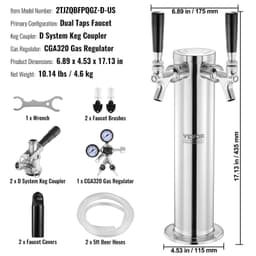 image-VEVOR Kegerator Tower Kit, Dual Taps Beer Conversion Kit, Stainless Steel Keg Beer Tower Dispenser with Dual Gauge CGA320 Regulator & D-System Keg Coupler, Self-Closing Spring for Party Bar Home