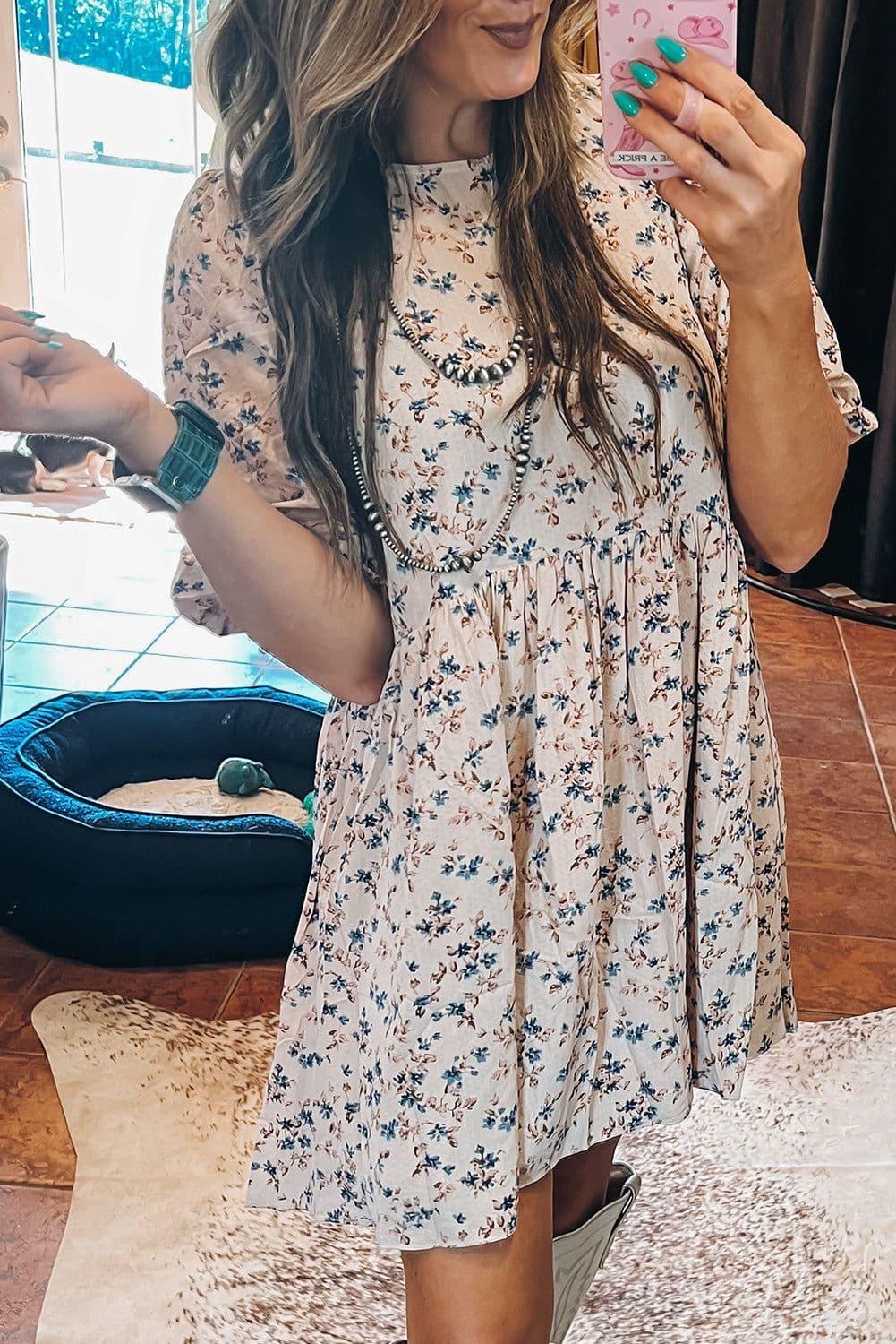 image-Beige Floral Puff Short Sleeve Empire Waist Mini Dress