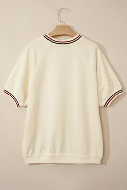 image-Beige Contrast Varsity Striped Neckline Cuffed Short Sleeve Loose Tunic Top