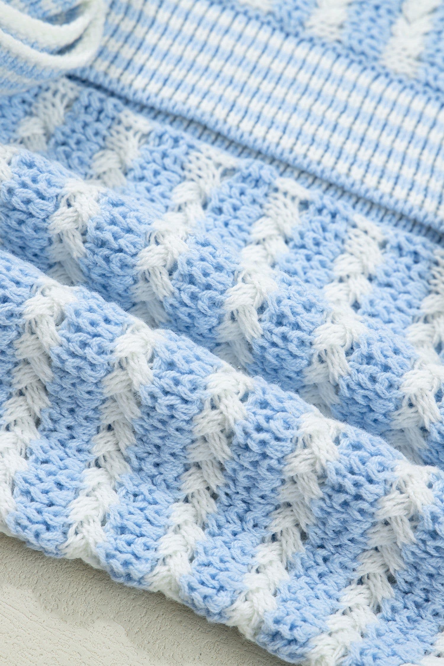 image-Sky Blue Stripe Knit V Neck Bow Sweater