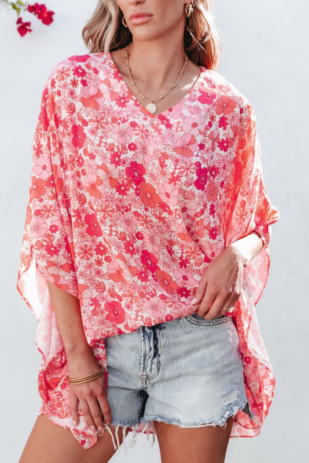 image-Pink Boho Floral V Neck Kimono Blouse - Oversized