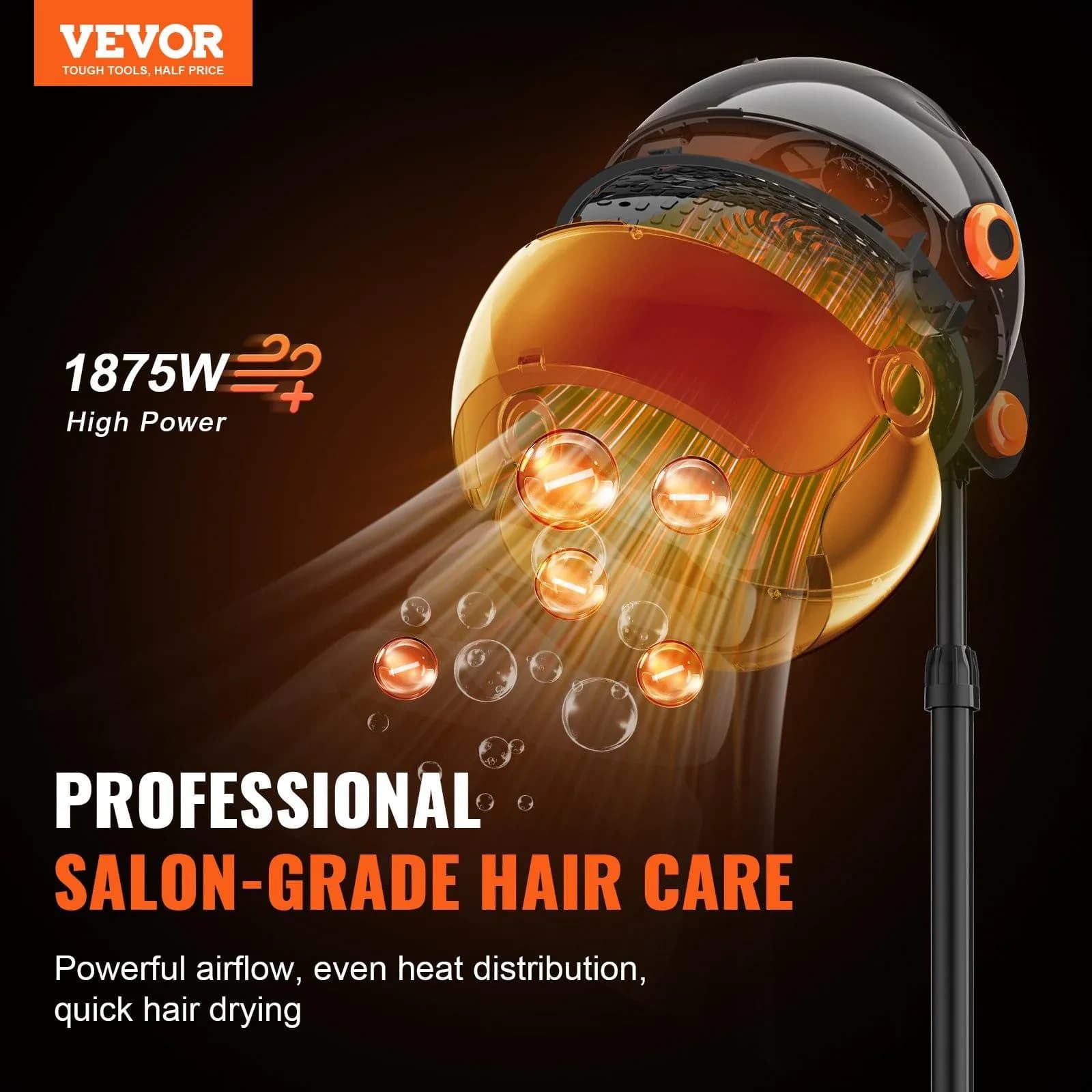 image-VEVOR Ionic Hooded Dryer, 1875W Professional Bonnet Hair Dryer, Sit Under Hair Dryer with Timer, 3 Temp Settings & Wind Speed, Floor Standing Rolling Base with Wheels for Beauty Salon Home Spa