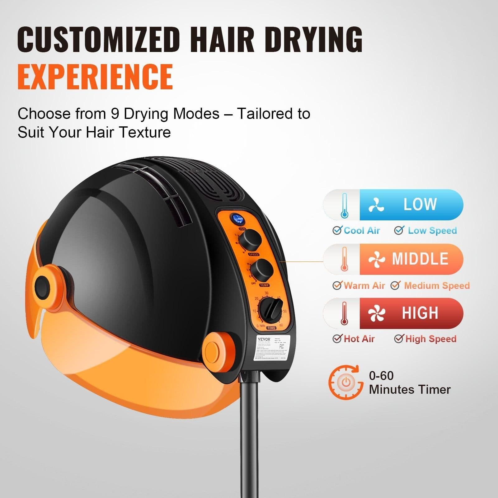 image-VEVOR Ionic Hooded Dryer, 1875W Professional Bonnet Hair Dryer, Sit Under Hair Dryer with Timer, 3 Temp Settings & Wind Speed, Floor Standing Rolling Base with Wheels for Beauty Salon Home Spa