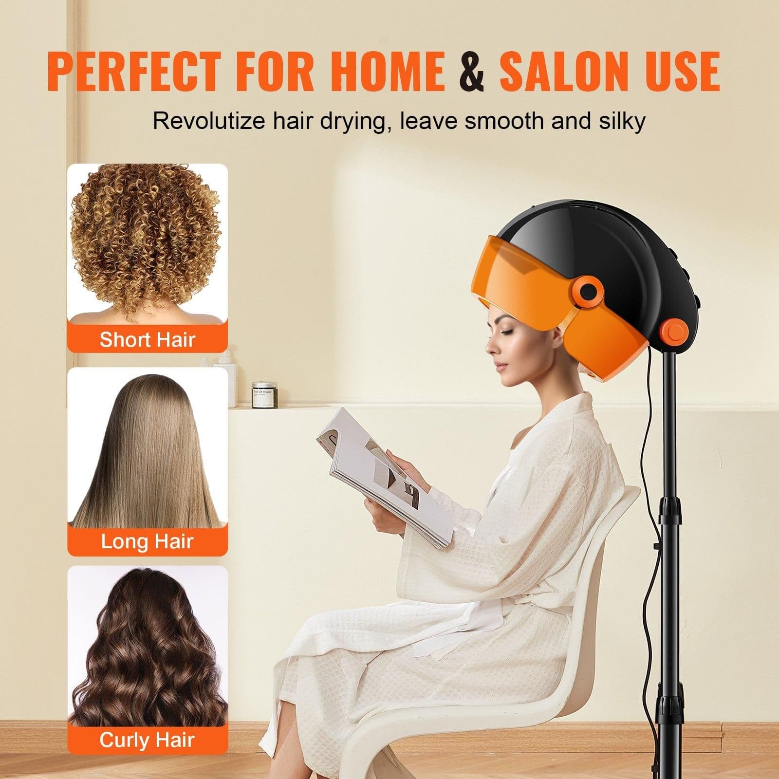 image-VEVOR Ionic Hooded Dryer, 1875W Professional Bonnet Hair Dryer, Sit Under Hair Dryer with Timer, 3 Temp Settings & Wind Speed, Floor Standing Rolling Base with Wheels for Beauty Salon Home Spa
