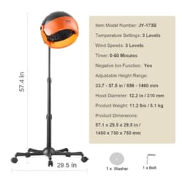 image-VEVOR Ionic Hooded Dryer, 1875W Professional Bonnet Hair Dryer, Sit Under Hair Dryer with Timer, 3 Temp Settings & Wind Speed, Floor Standing Rolling Base with Wheels for Beauty Salon Home Spa