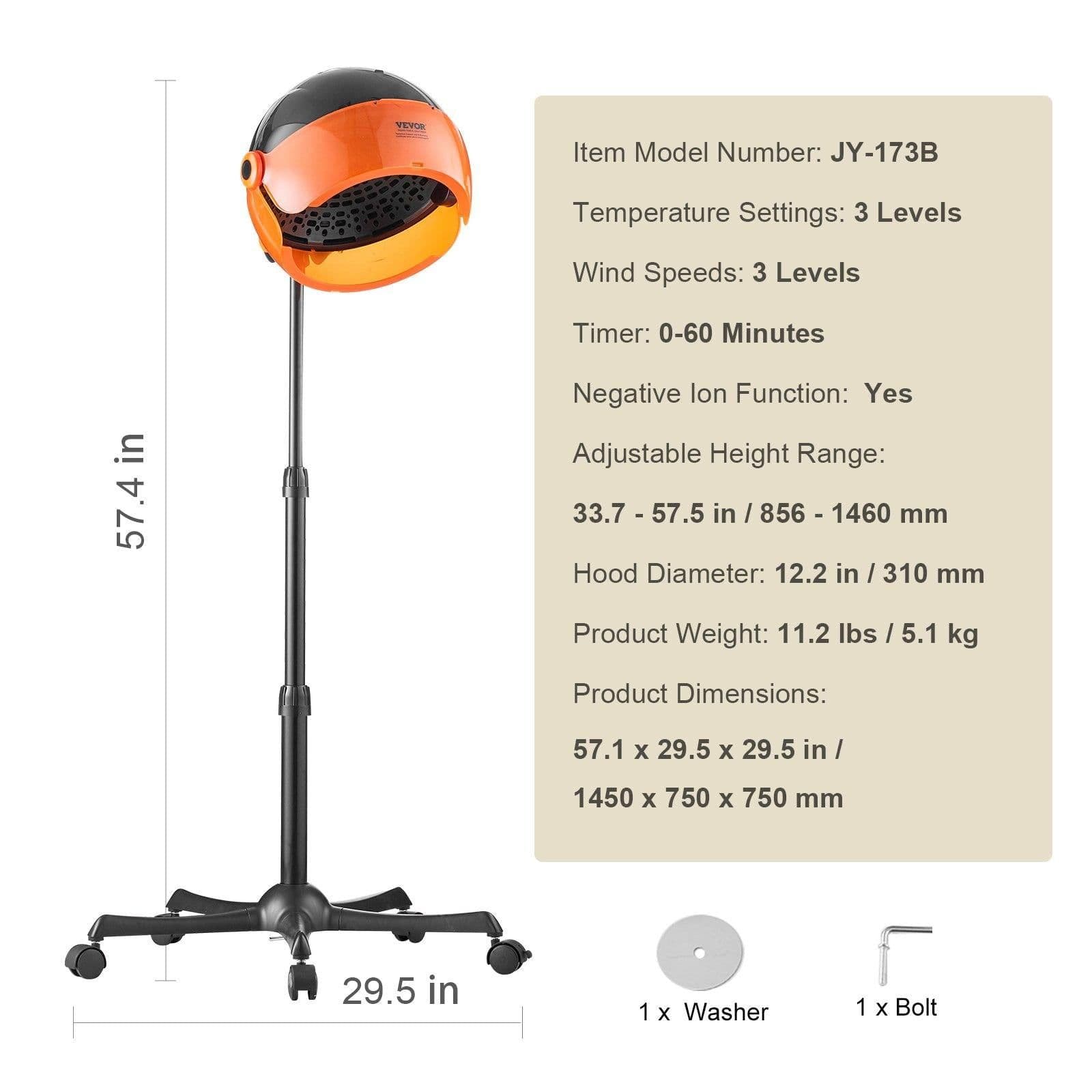 image-VEVOR Ionic Hooded Dryer, 1875W Professional Bonnet Hair Dryer, Sit Under Hair Dryer with Timer, 3 Temp Settings & Wind Speed, Floor Standing Rolling Base with Wheels for Beauty Salon Home Spa